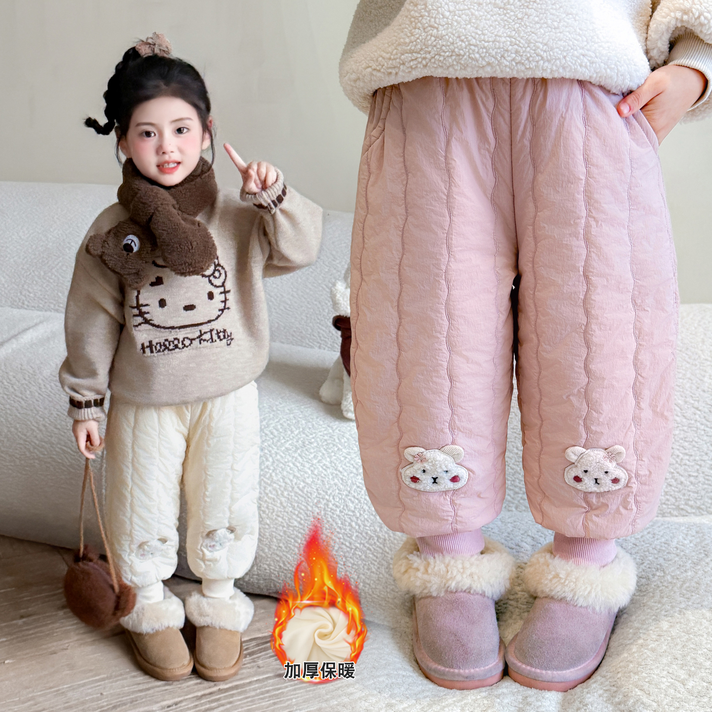 【绗棉保暖】女童秋冬季绗绣卡通棉裤可爱小熊百搭束脚裤防风保暖
