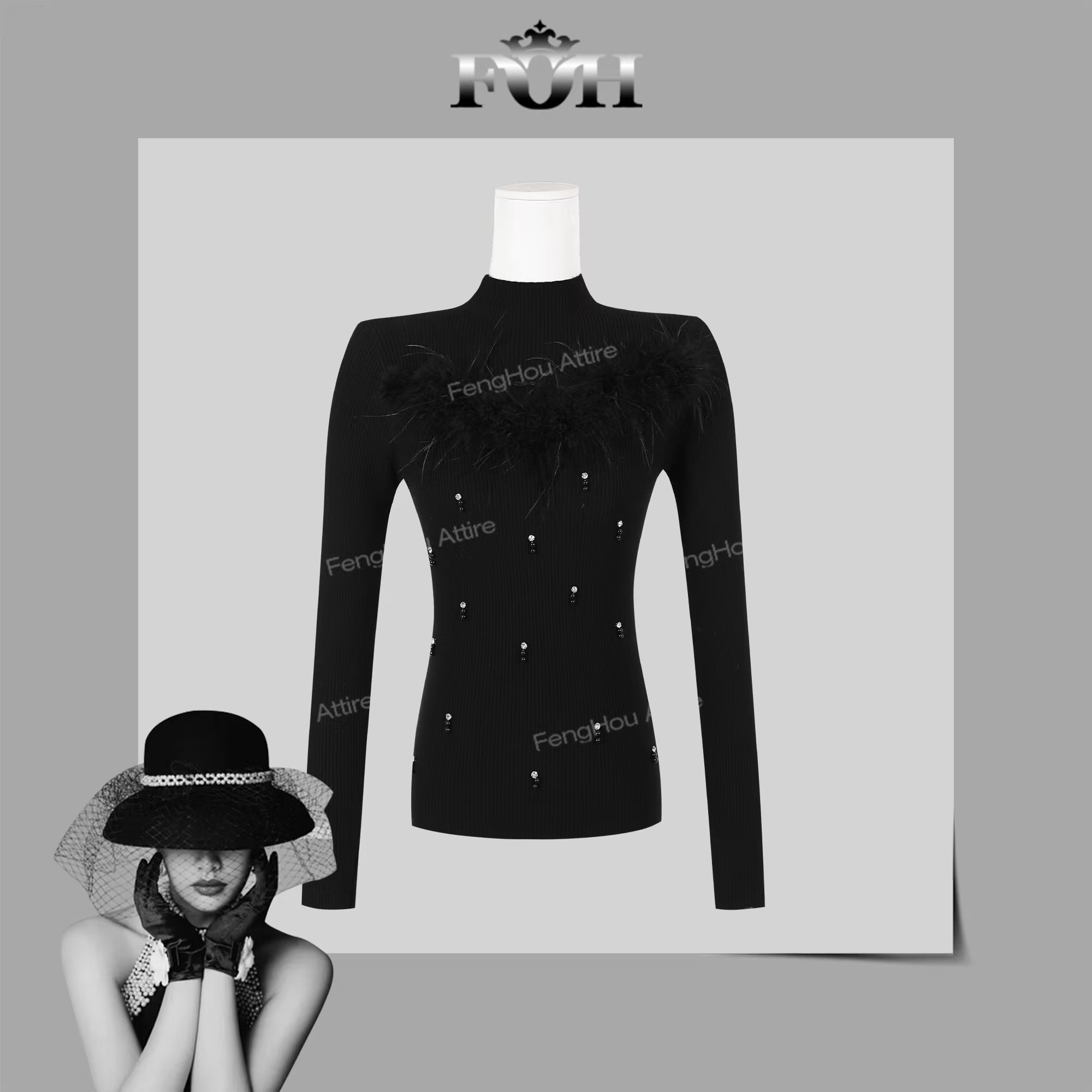 【封后轻奢设计】新款半高领烫钻羽毛百搭打底毛衣9308