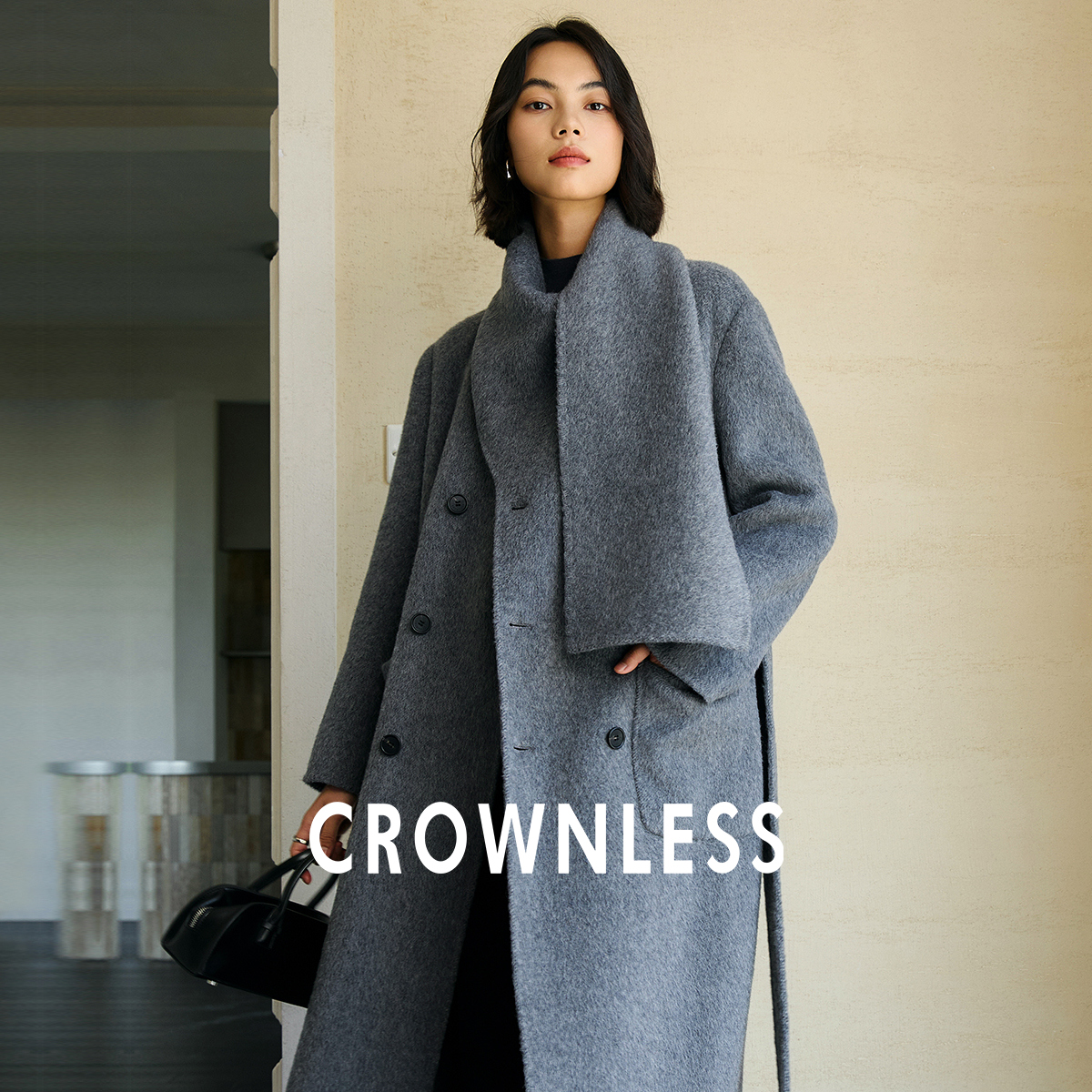 CROWNLESS未冕轻奢高级感百搭牦牛绒皮草造型围巾领双面呢大衣女