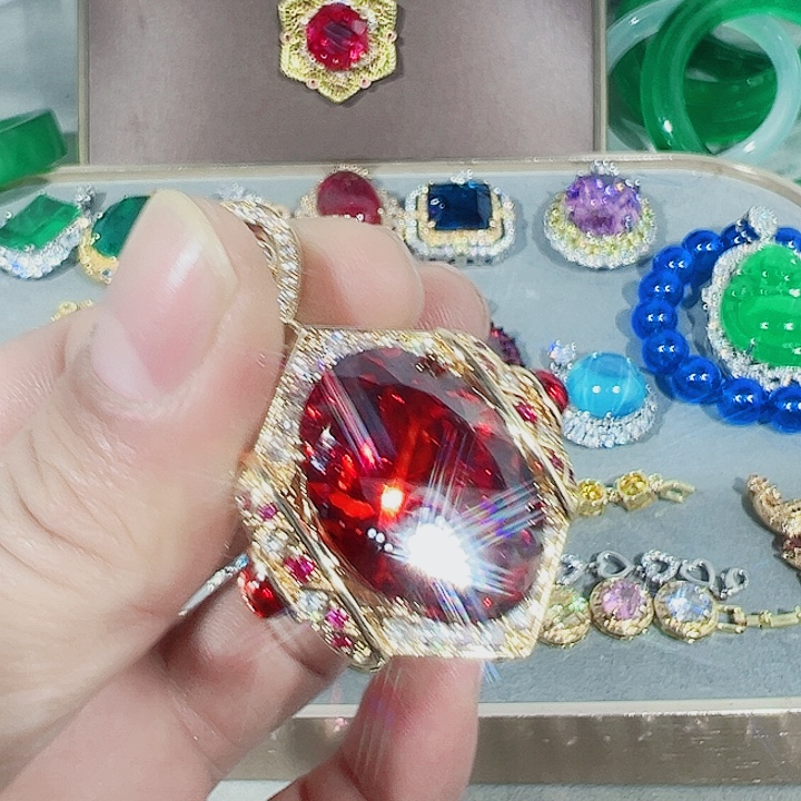 钨金红色蓝色满钻镶嵌戒指吊坠