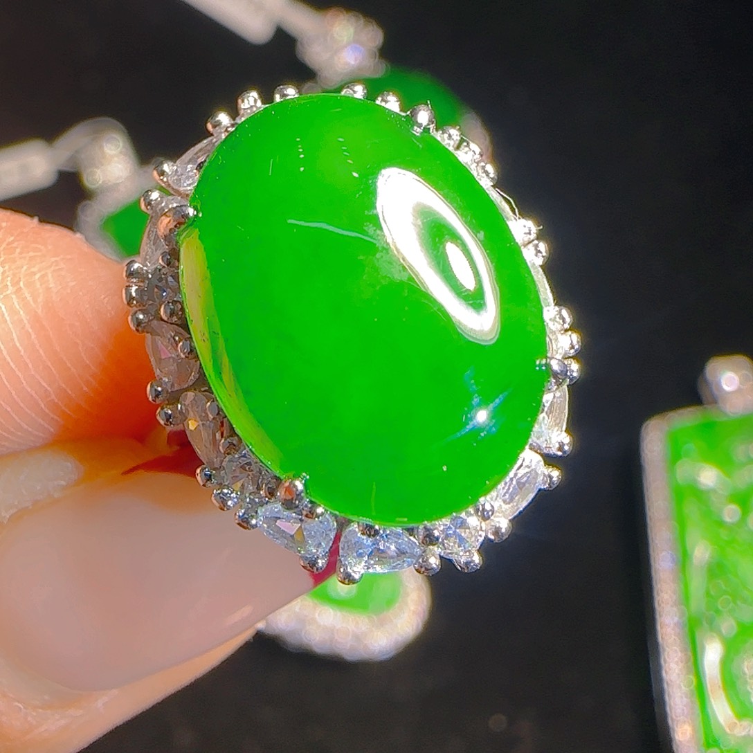 翡翠戒指银S925镶嵌天然