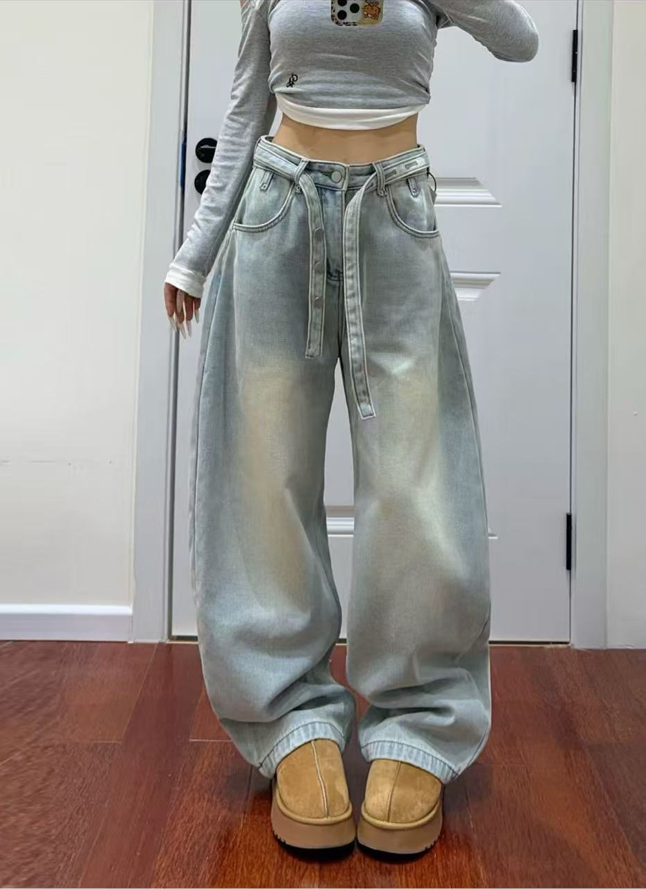 【866】糖#高腰加绒直筒宽松牛仔裤