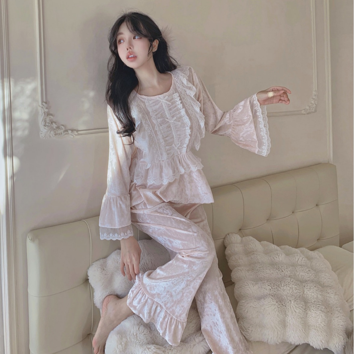 【金丝绒】2025秋冬新款睡衣法式金丝绒甜美荷叶边公主风家居服春秋