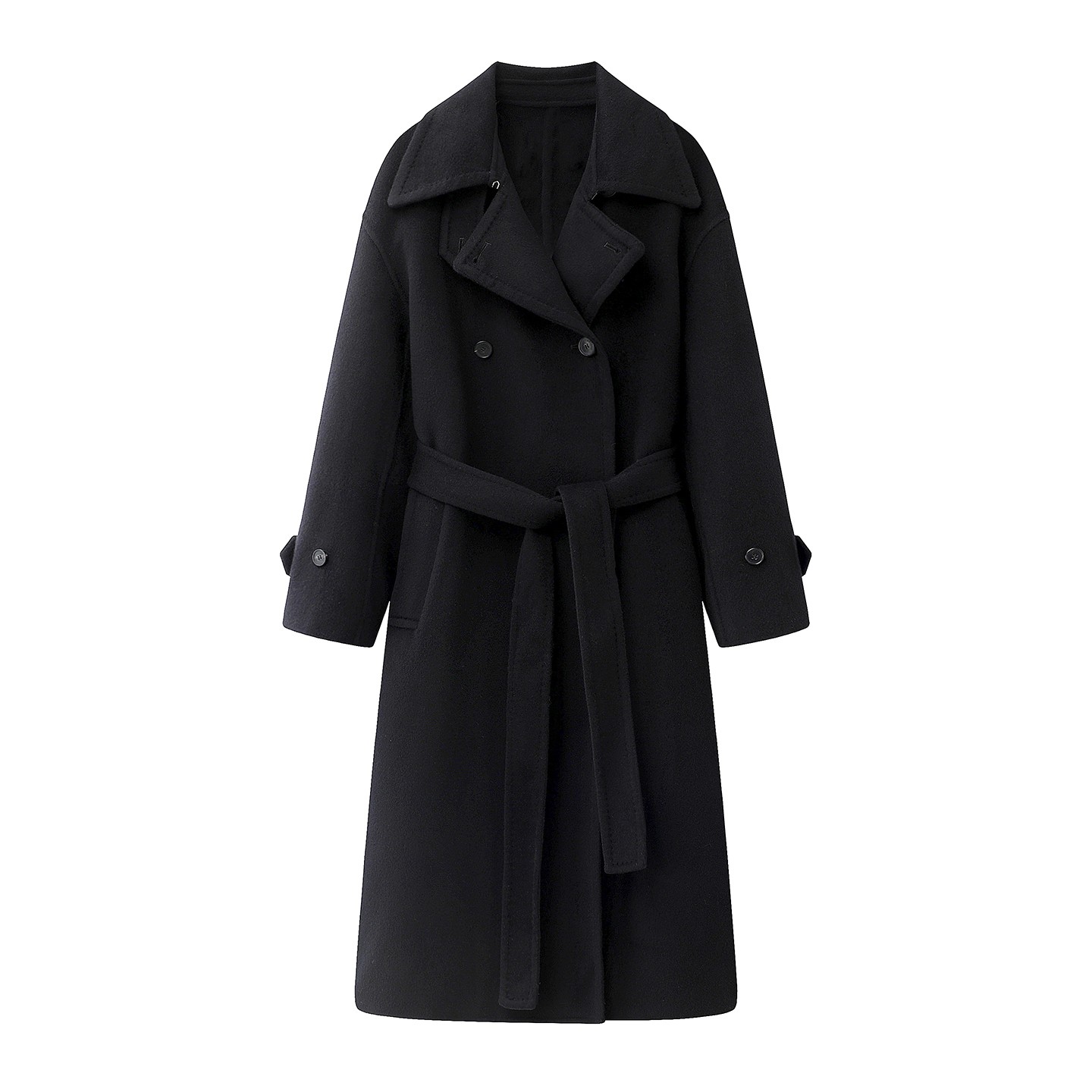 大衣-厚款双排扣中长款双面呢大衣黑色毛呢外套4023