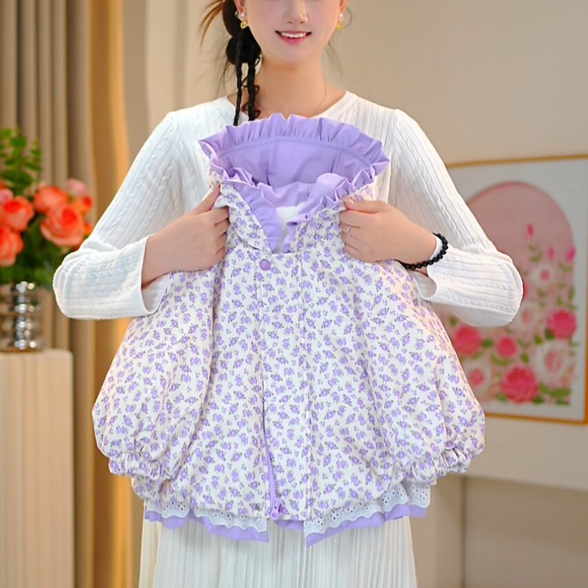 【佳琪妈】极寒系列女童紫色碎花圣诞小甜果蕾丝花边连帽棉服-719