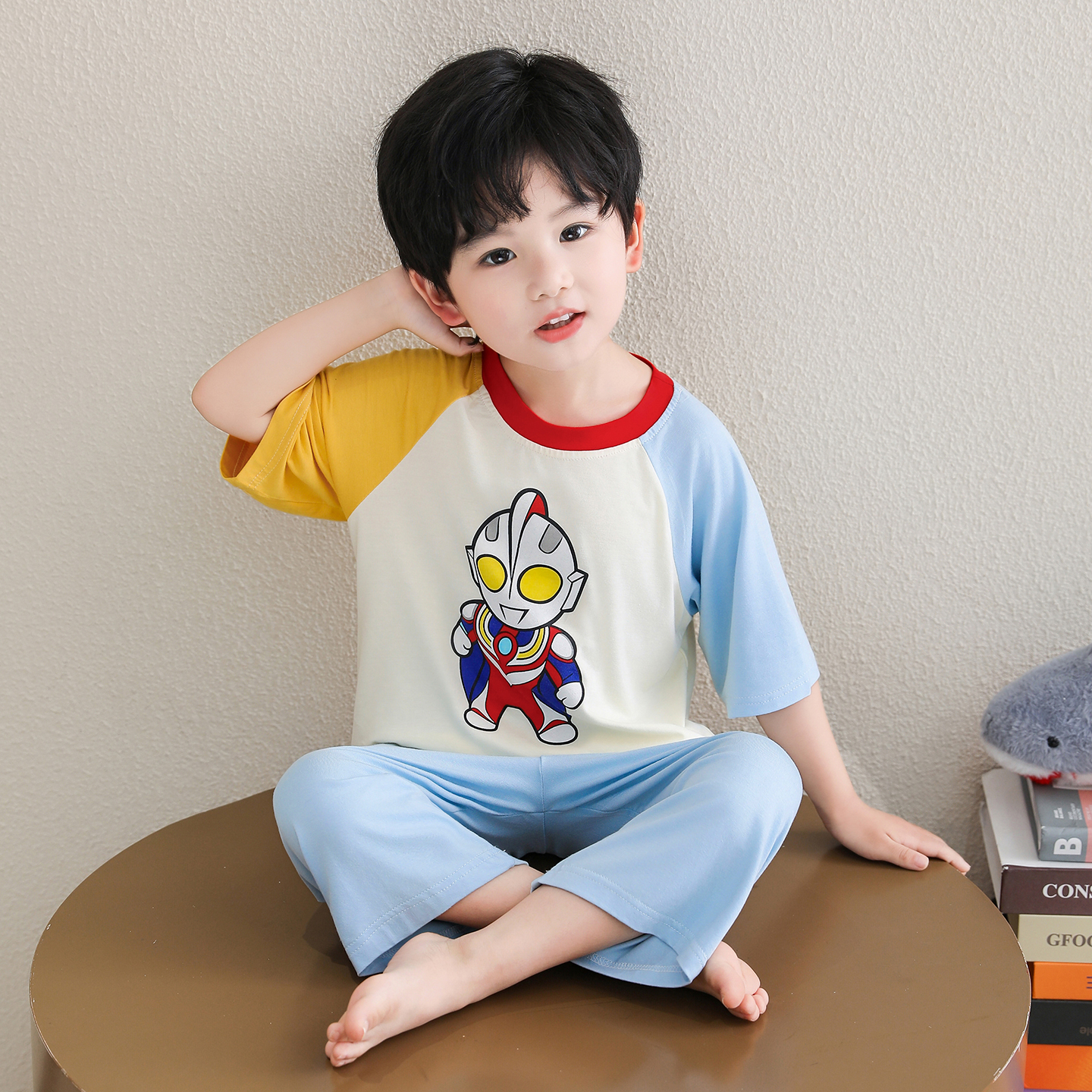 儿童夏季奥特曼卡通薄款七分袖睡衣套装男童空调房2026新款家居服