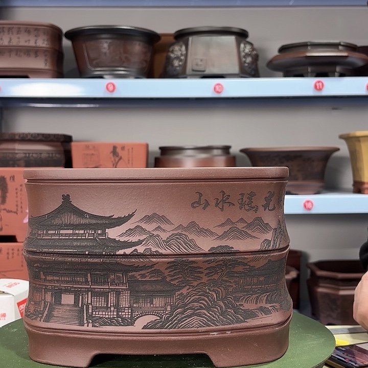 花盆紫砂刻绘山水耀光映玉楼