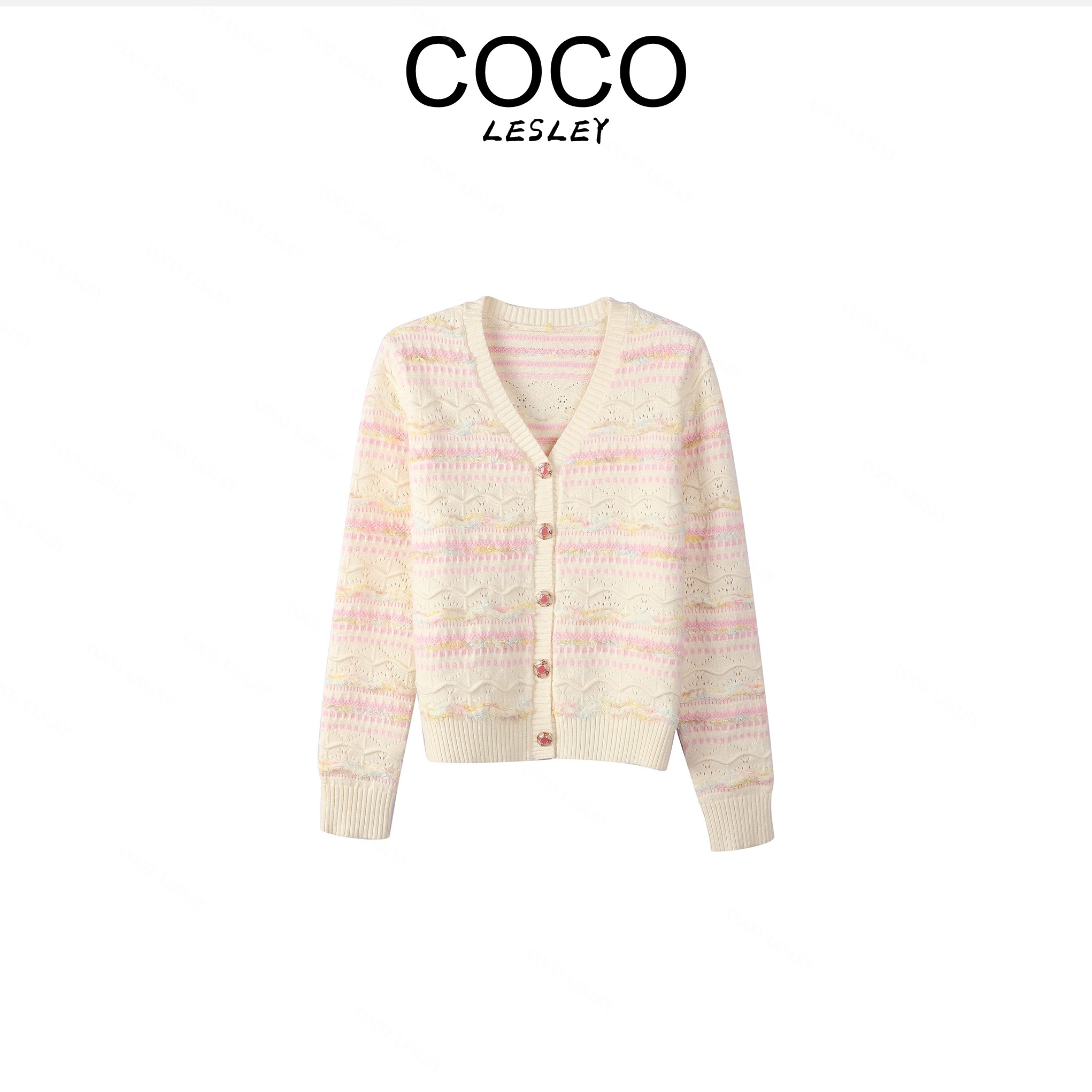 【COCO LESLEY】嫩粉色立体拼纱V领单排扣针织衫外套G 1617