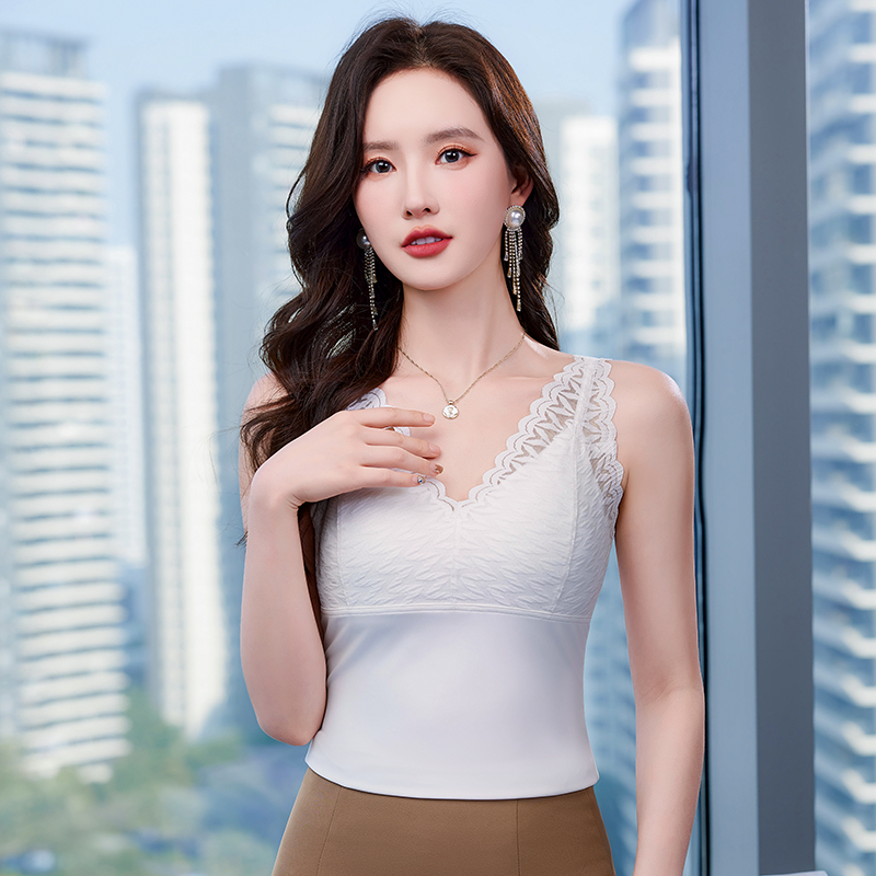 带胸垫蕾丝吊带背心女内搭V领性感时尚洋气免穿文胸西装打底衫春