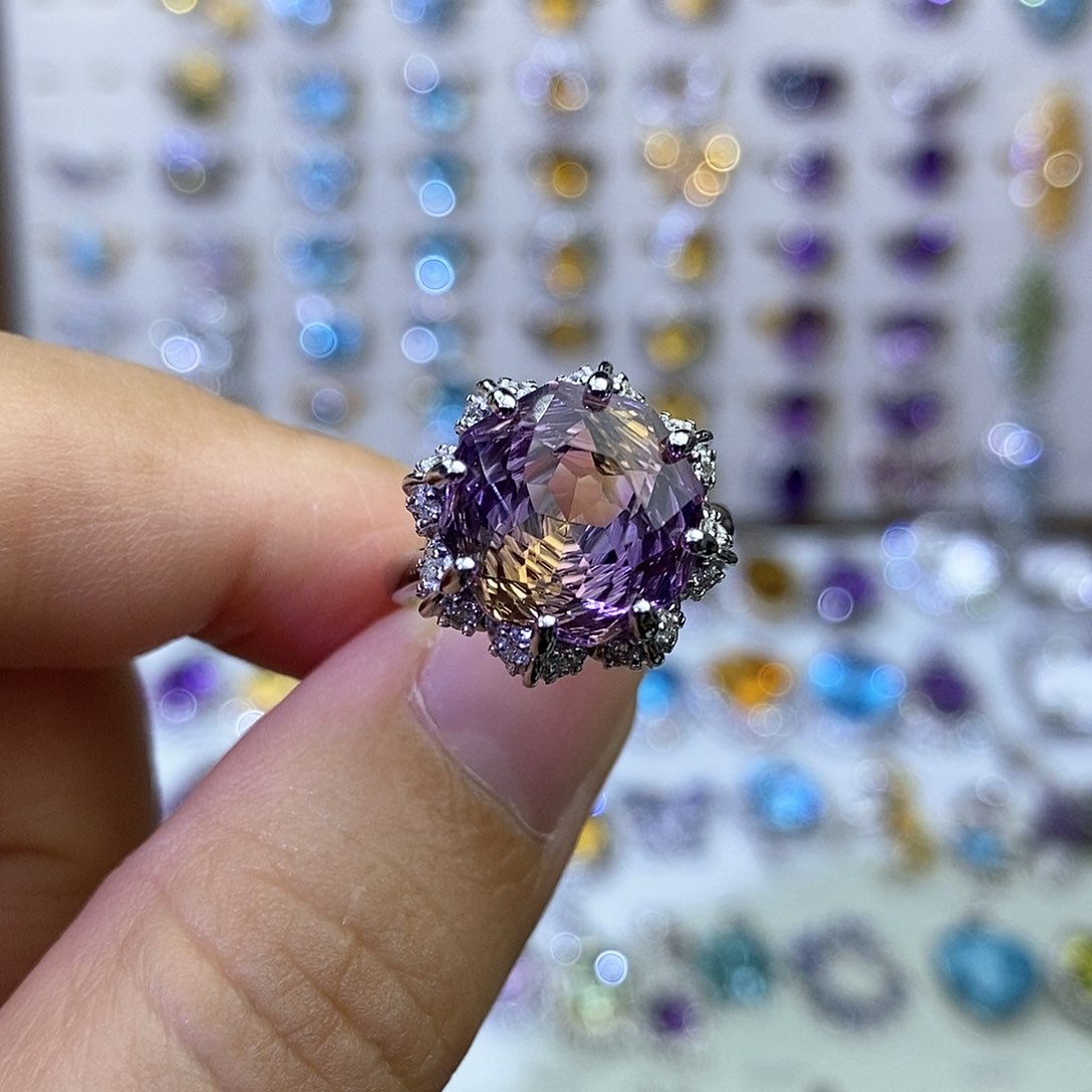 银S925镶嵌戒指水晶花*?紫黄晶
