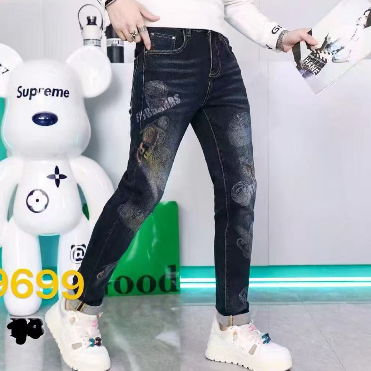 【路驰实体】秋冬轻奢韩版修身时尚数码喷绘重工牛存裤