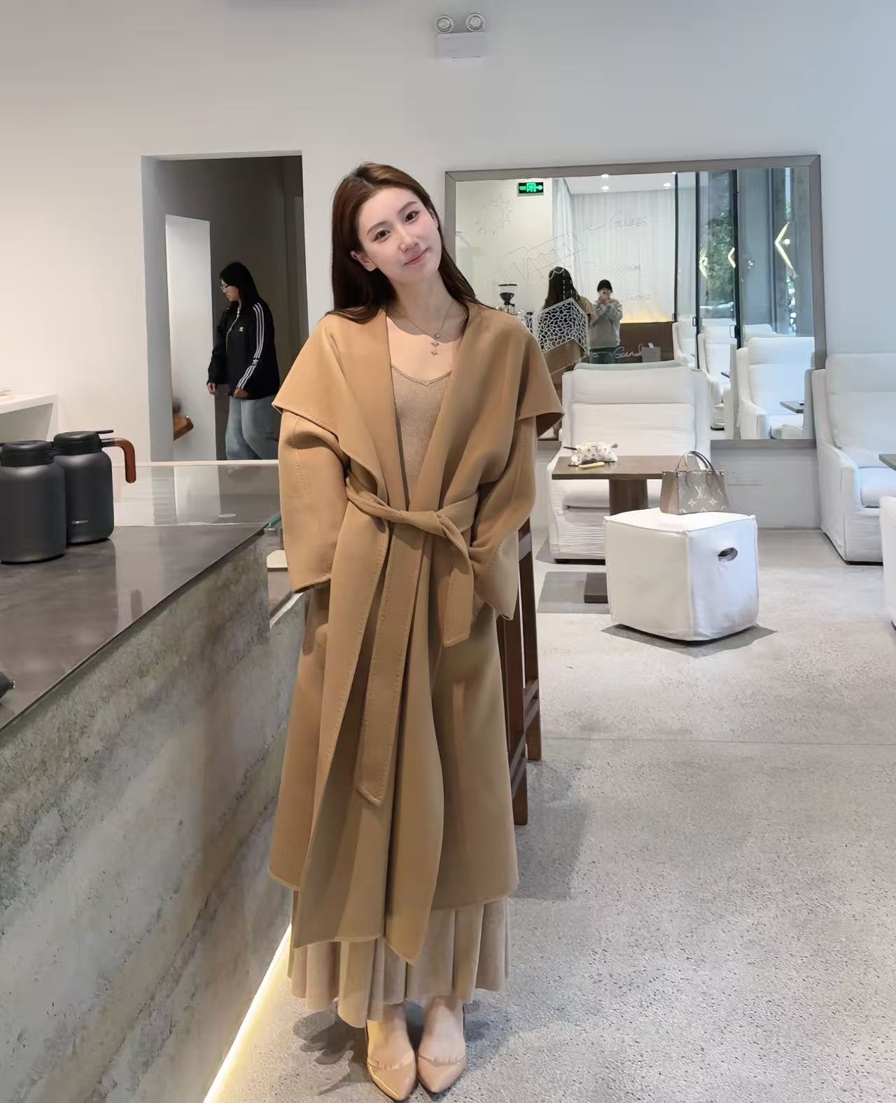 绵绵【冬日香槟】秋季女翻领韩系英伦风香槟驼大衣冬季毛呢外套长款