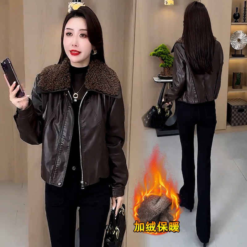 拉夏贝尔加绒加厚毛领皮衣短外套女冬季新款洋气百搭保暖皮外套