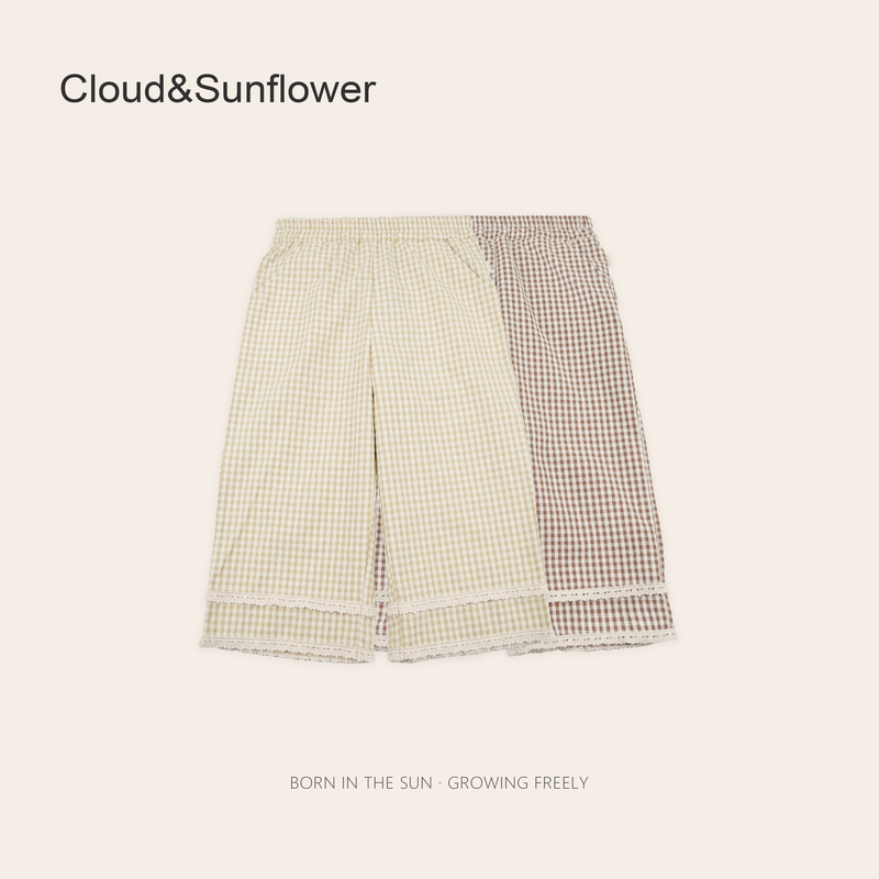 女童春季格子裤脚双层蕾丝休闲直筒裤660680