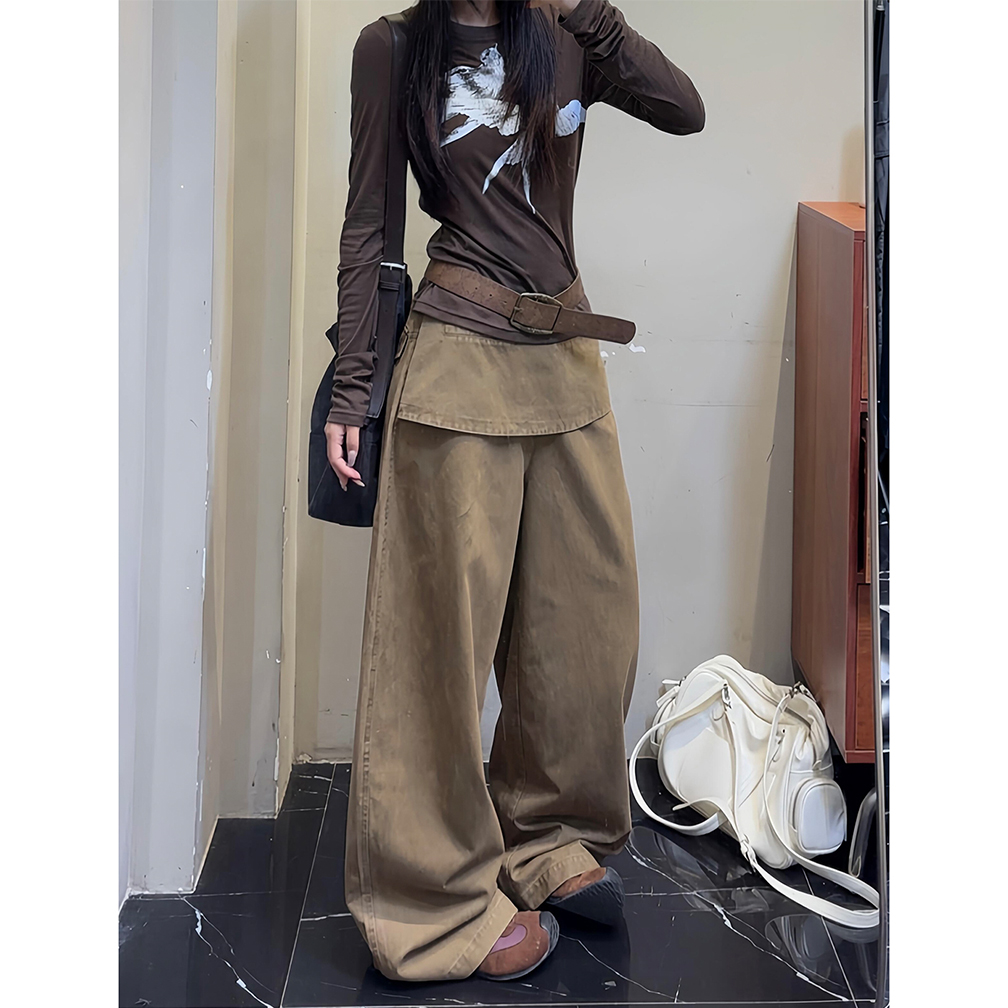 美式街头辣妹风假两件长裤子女2025秋季新款复古卡其色屁帘工装裤