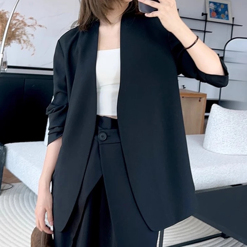 墨尔本西装 轻薄时髦麻直筒通勤V领西服外套