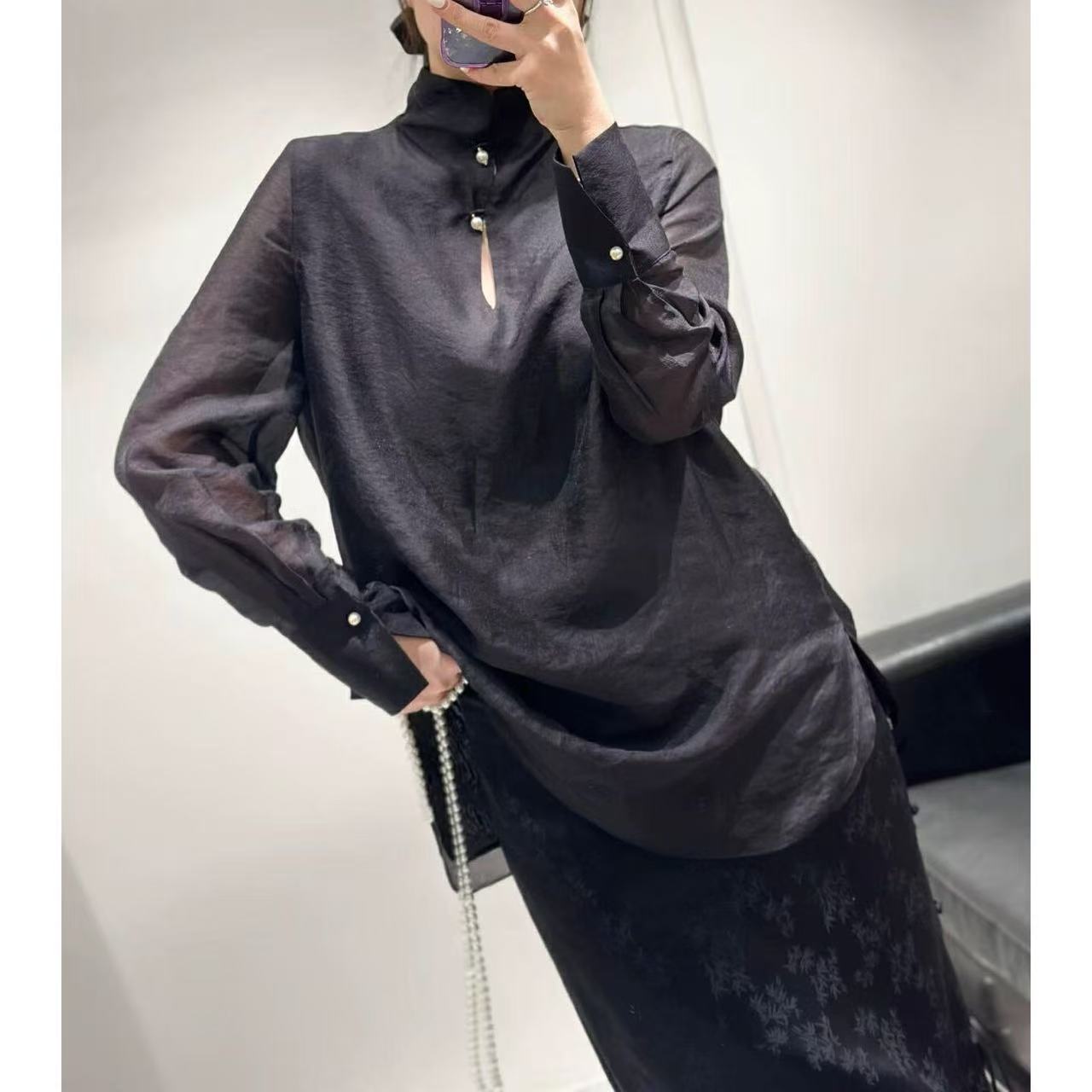 WYK高货~60%桑蚕丝~XL胸114长78珍珠钉珠长袖混织衬衫上衣 2080