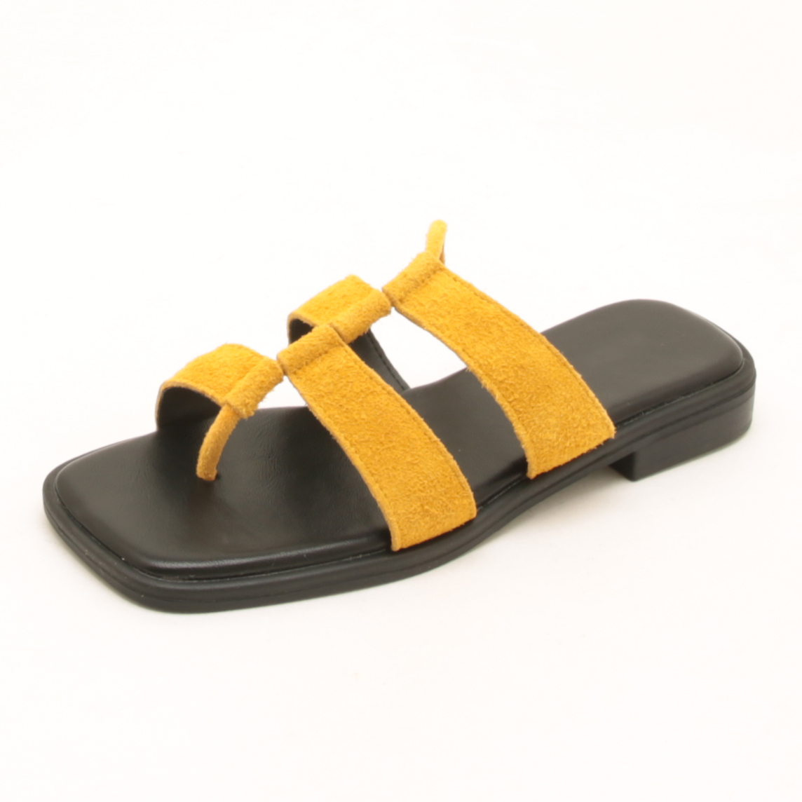 6765夏季新款真皮平底粗跟一字拖鞋女透气外穿极简复古罗马夹脚拖