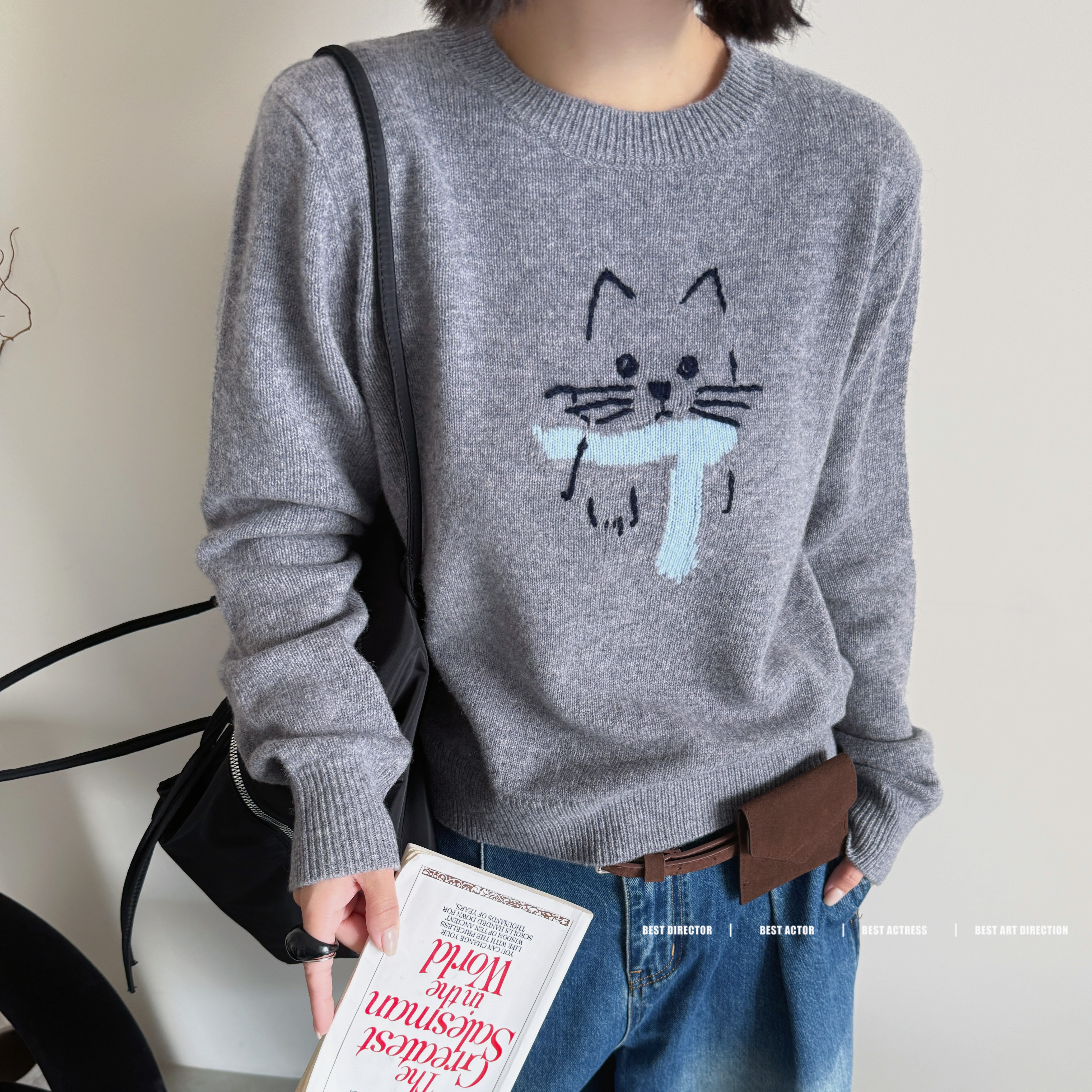 2025冬季新款100%绵羊毛（不可机洗）胸前小猫圆领套头羊毛衫