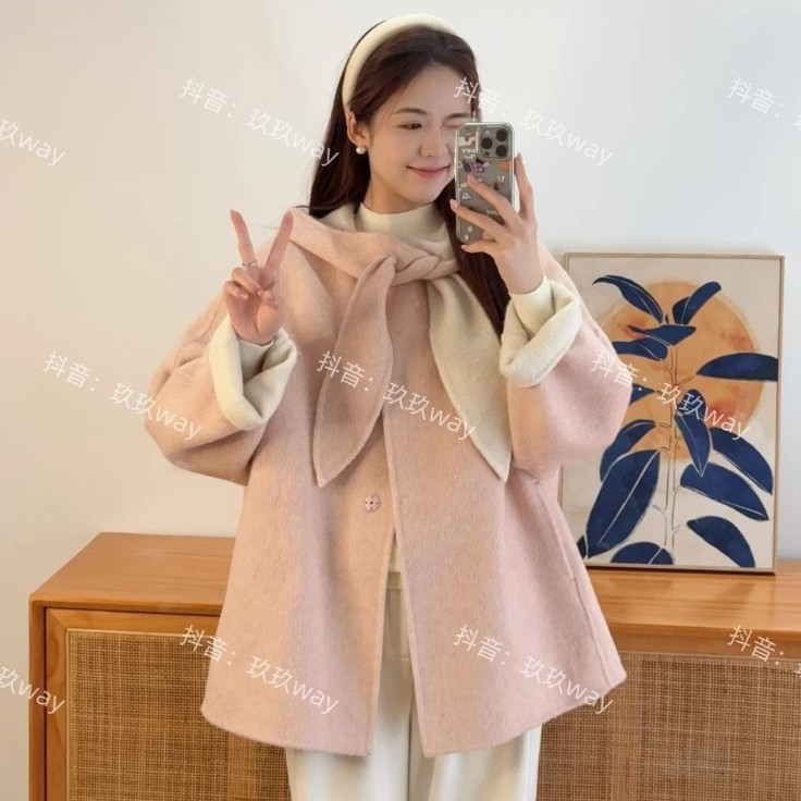 高级感中长款兔耳朵小个子女性外套