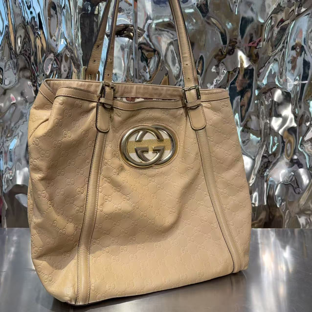 95新 GUCCI/古驰 黄色 压纹 老花 dalogo 托特 单肩包