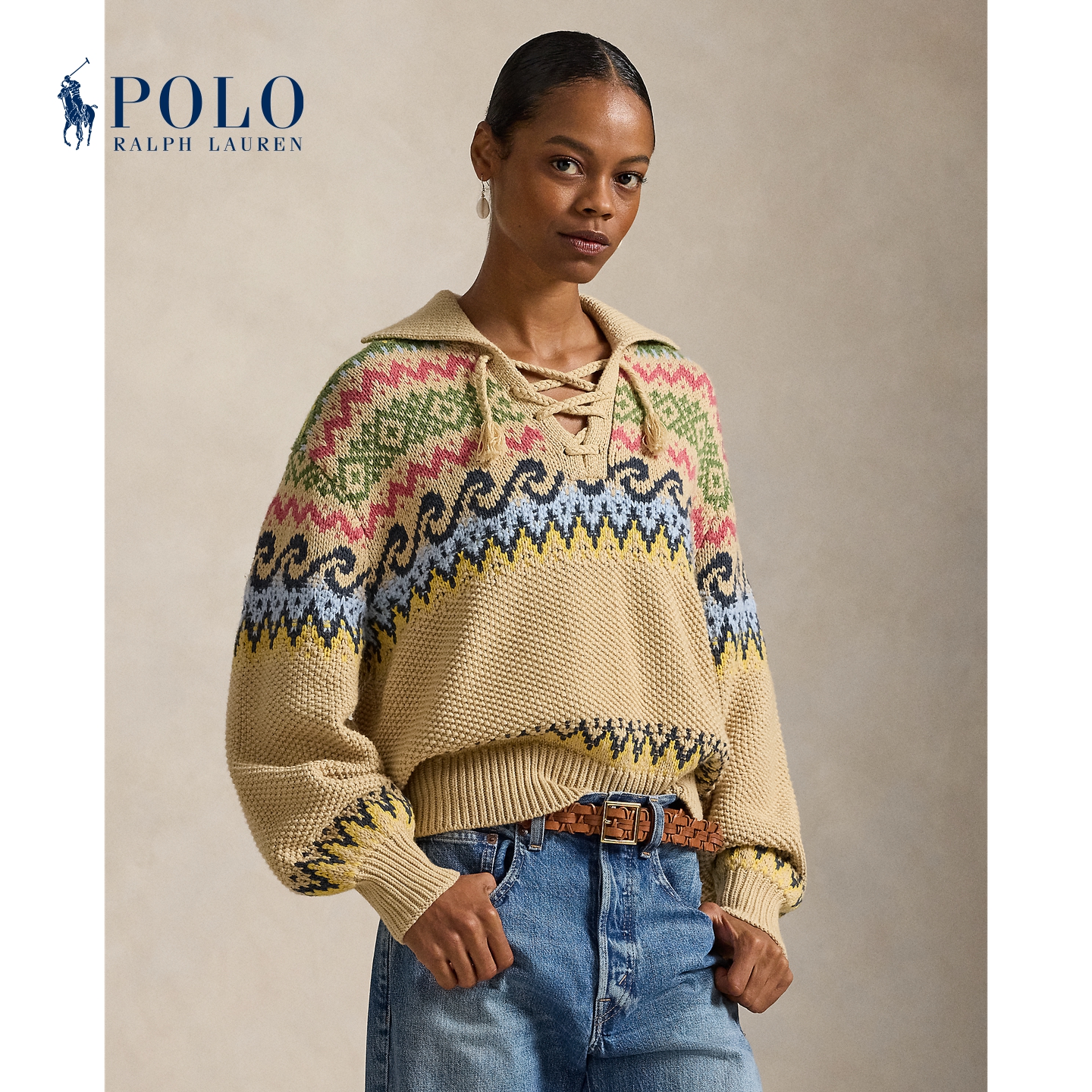 Ralph Lauren/拉夫劳伦女装 26年早春宽松版费尔岛图案系带针织衫