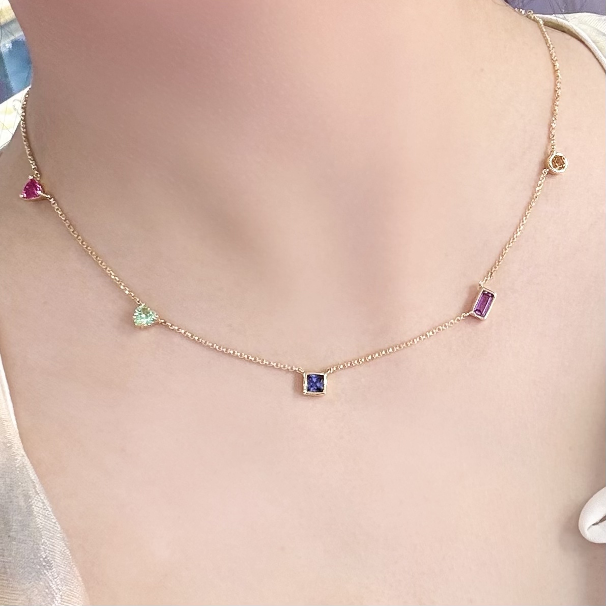 培育蓝宝石N835【点彩迷情】镶嵌彩色撞色时尚百搭设计款气质项链