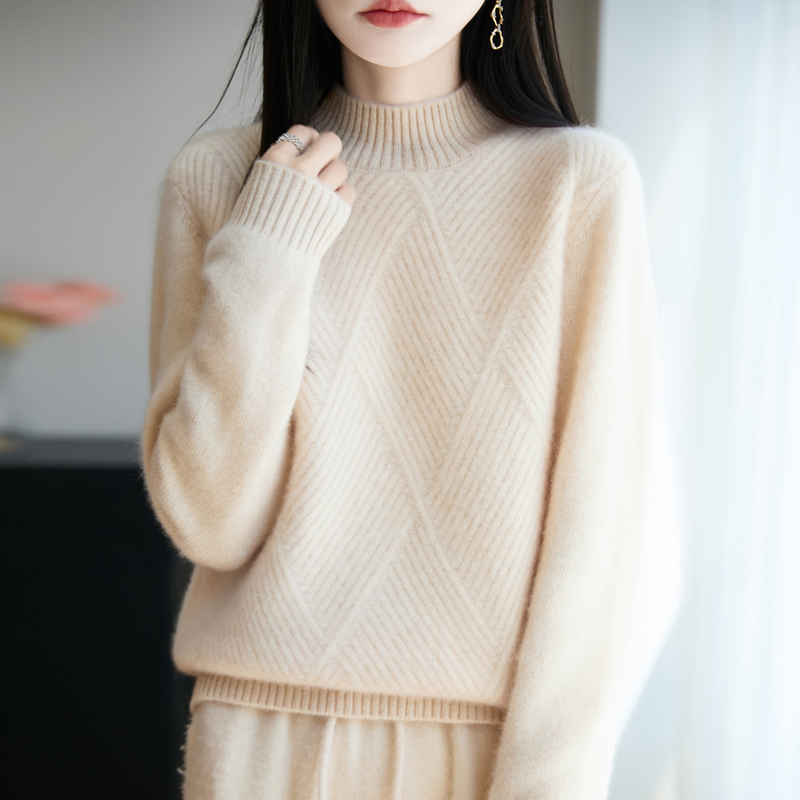 时尚软糯~秋冬新款七针加厚菱形斜纹半高领长袖100纯羊毛衫女毛衣