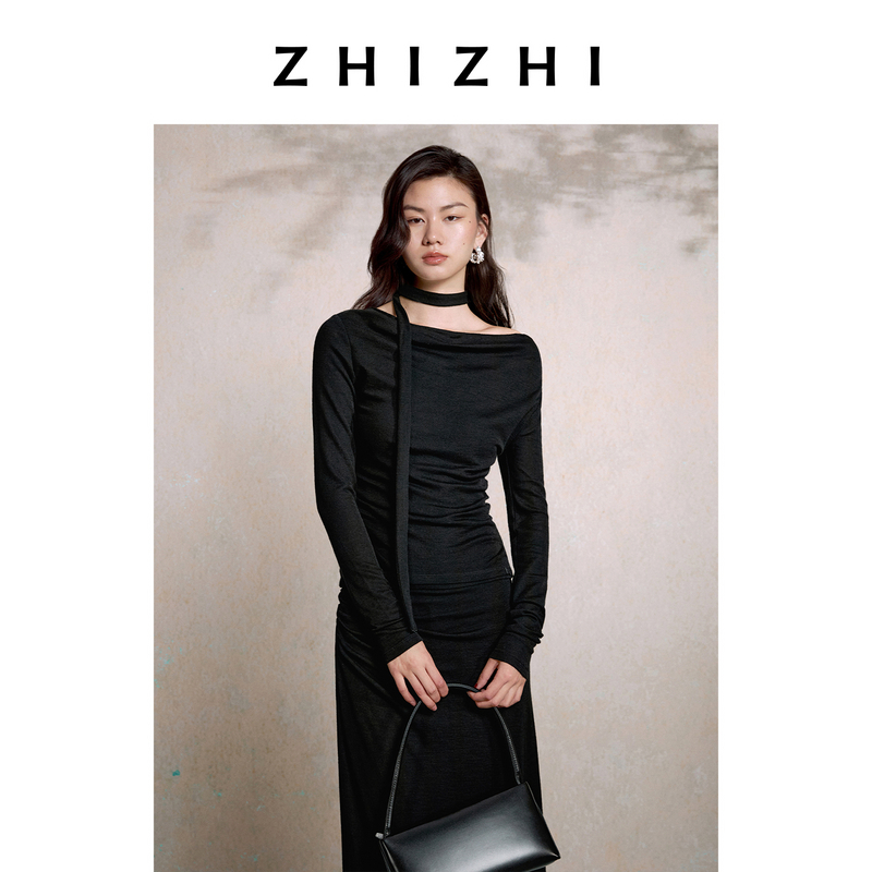 致知 秋宵鸣 羊毛飘带T恤25年秋季新ZZ2EAWTQ031