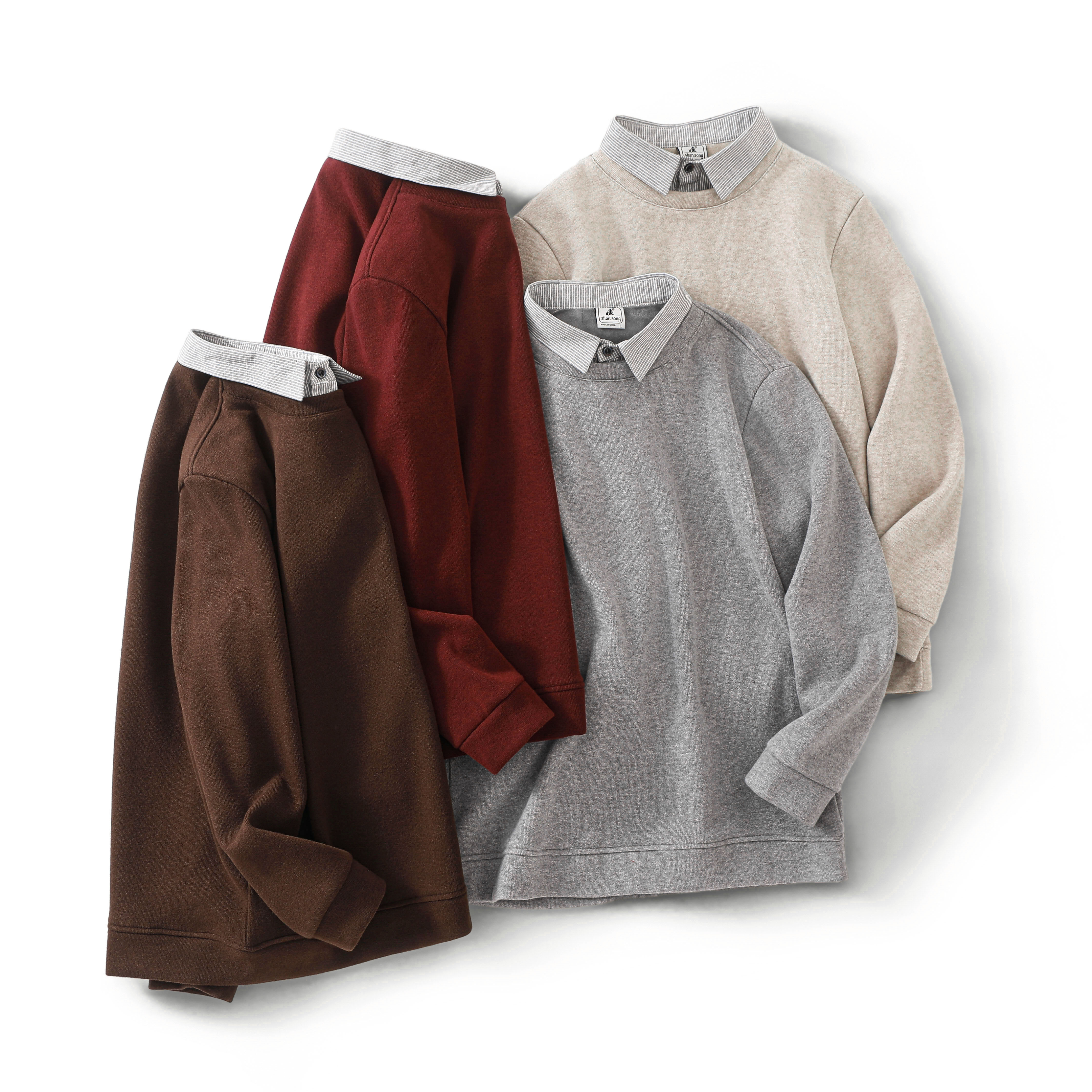 2025冬季长袖加绒加厚假两件衬衫领男士休闲翻领毛衣