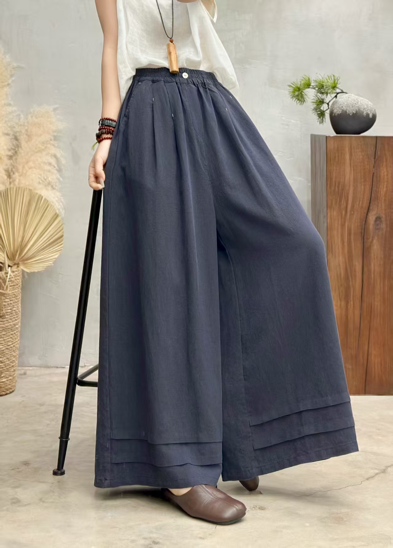 中腰亚麻松紧阔腿裤日式口袋休闲裤百搭九分松紧腰小香风复古日系