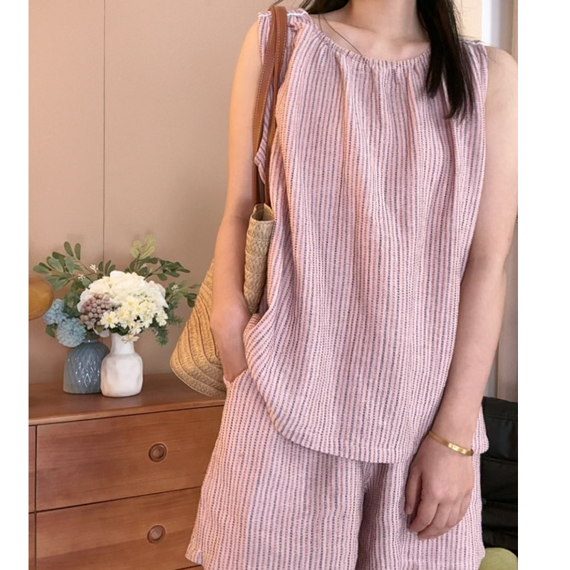 【全棉双层纱】提花色织无袖背心短裤家居服套装可外穿时尚