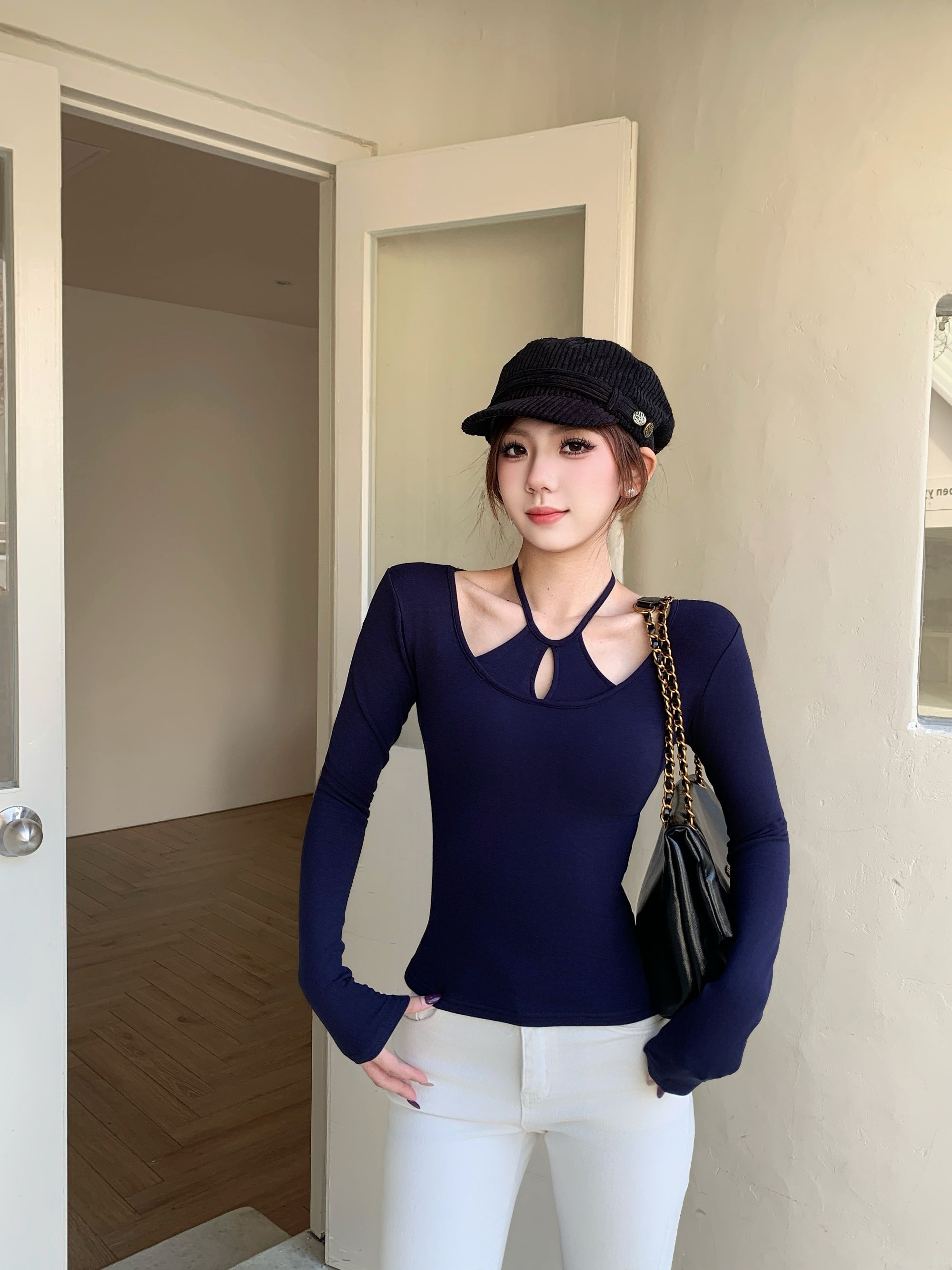 【加绒保暖】U领挂脖假两件拼接长袖T恤女秋冬新款修身显瘦别致上衣