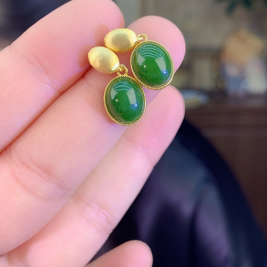 吊坠(不含链)银S925镶嵌和田玉（碧玉）耳饰