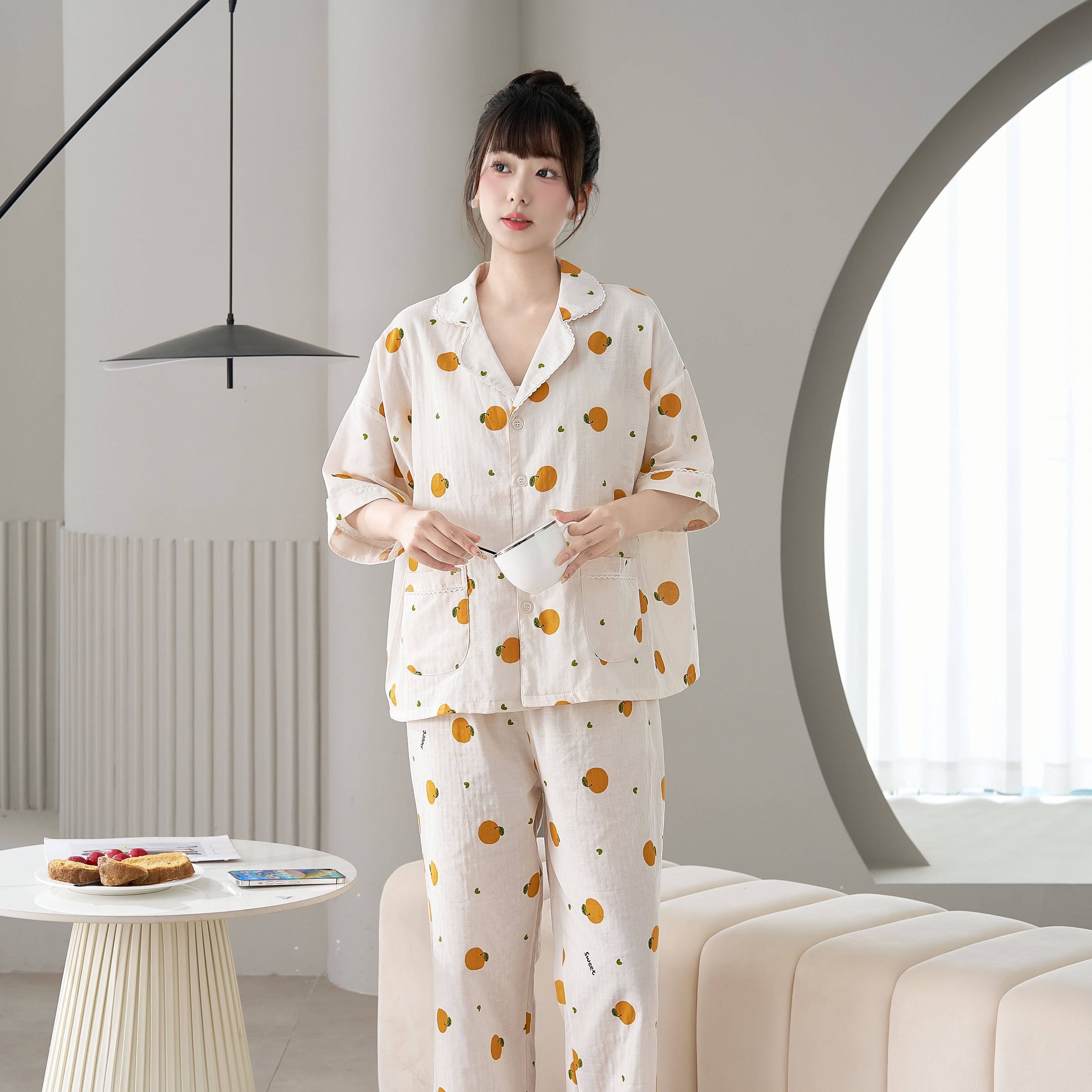 春夏季中袖长裤女士棉纱睡衣居家服双层纱薄款宽松套装2506#