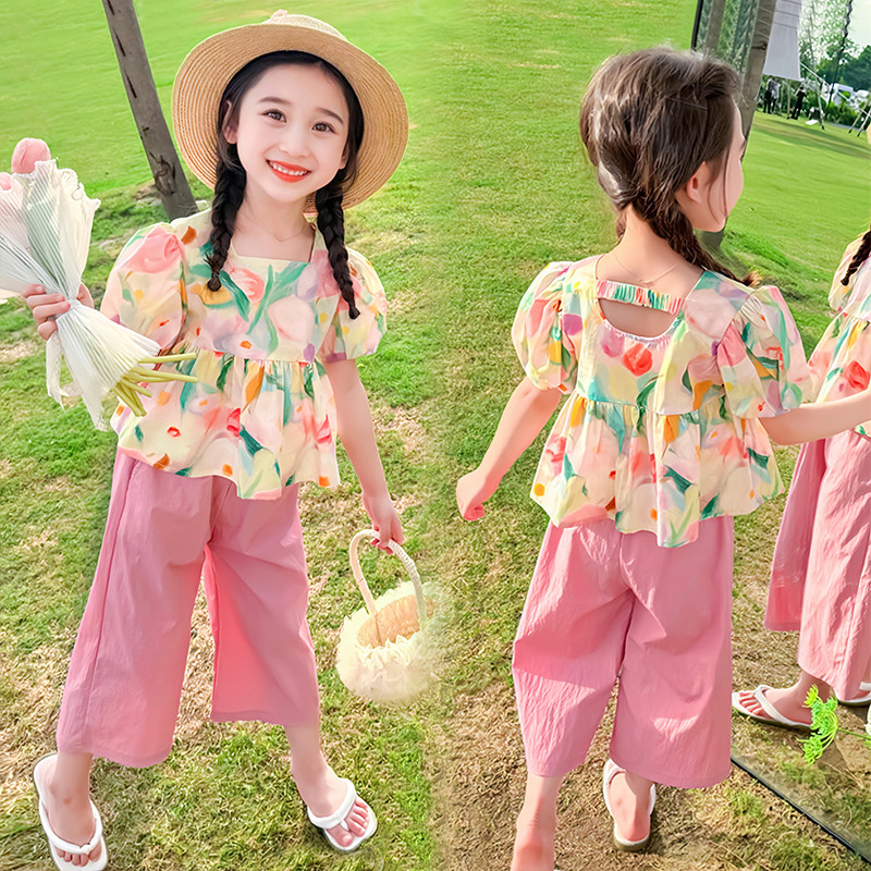 女小童泡泡袖套装夏季洋气女宝宝薄款阔腿裤夏装小女孩韩版两件套