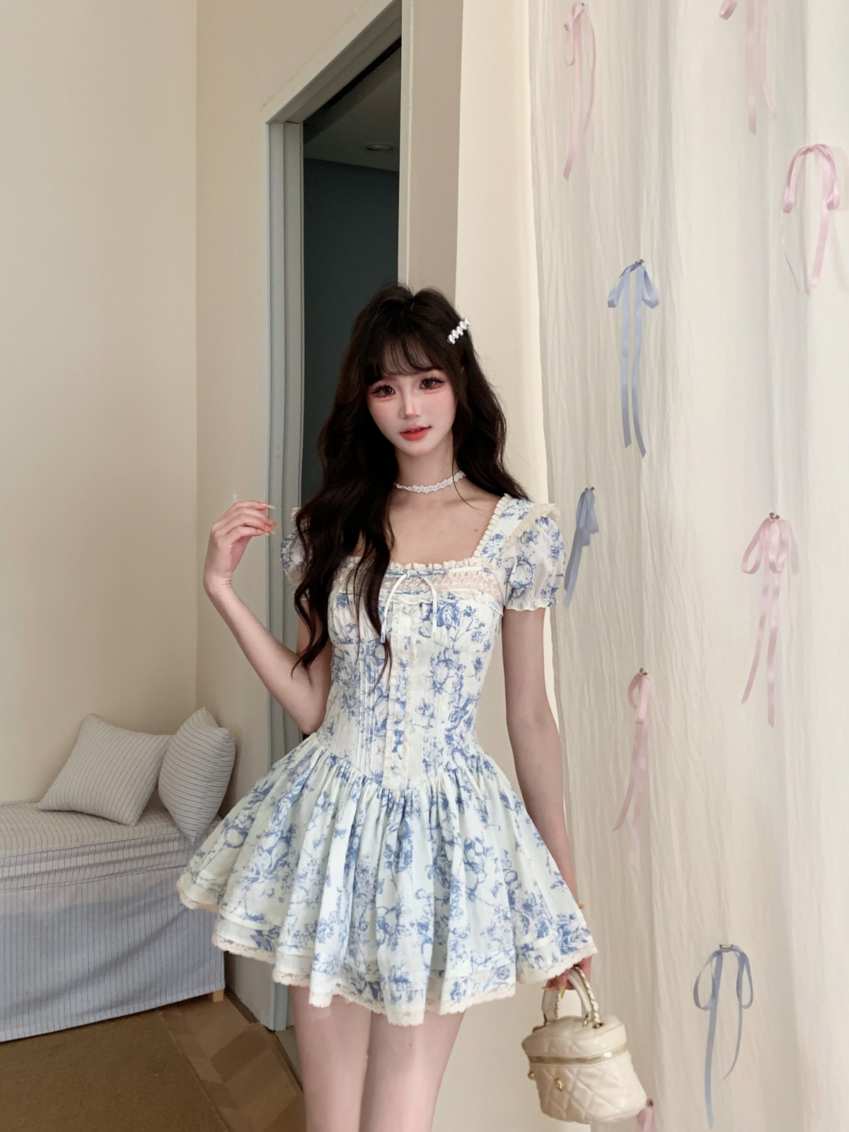 越韩小鱼 古董花瓷 法式甜美泡泡袖连衣裙收腰显瘦清冷感蓬蓬裙女