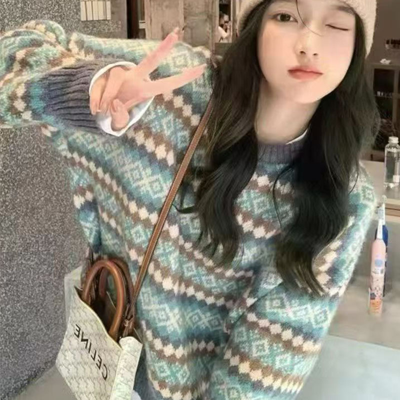 费尔岛浪漫提花套头毛衣设计感圆领温柔风慵懒宽松针织羊毛衫上衣