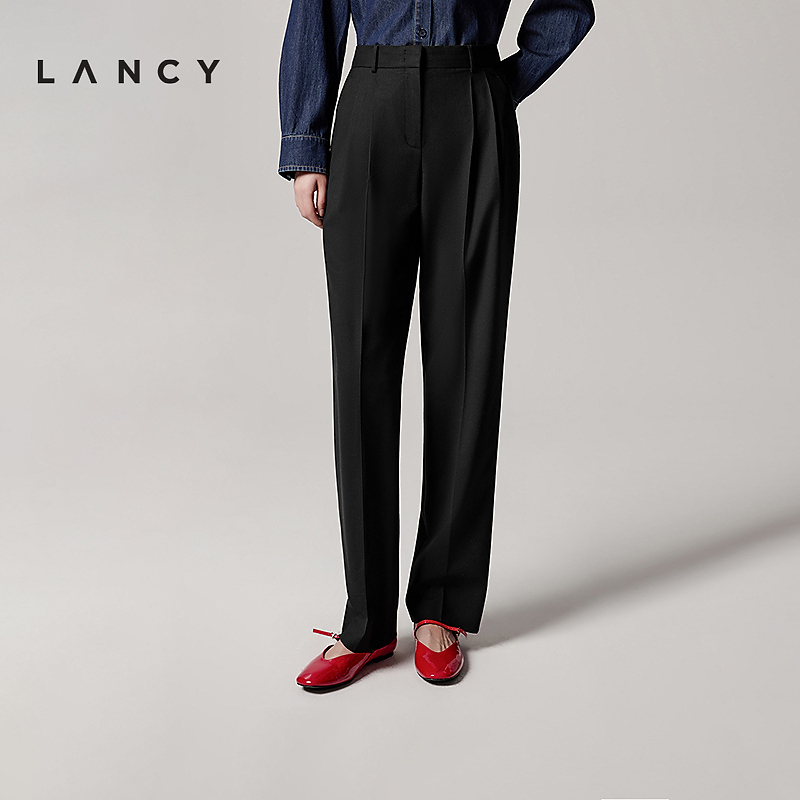 LANCY/朗姿2025年秋新款气质通勤直筒阔腿西装裤女捏褶显瘦长裤子