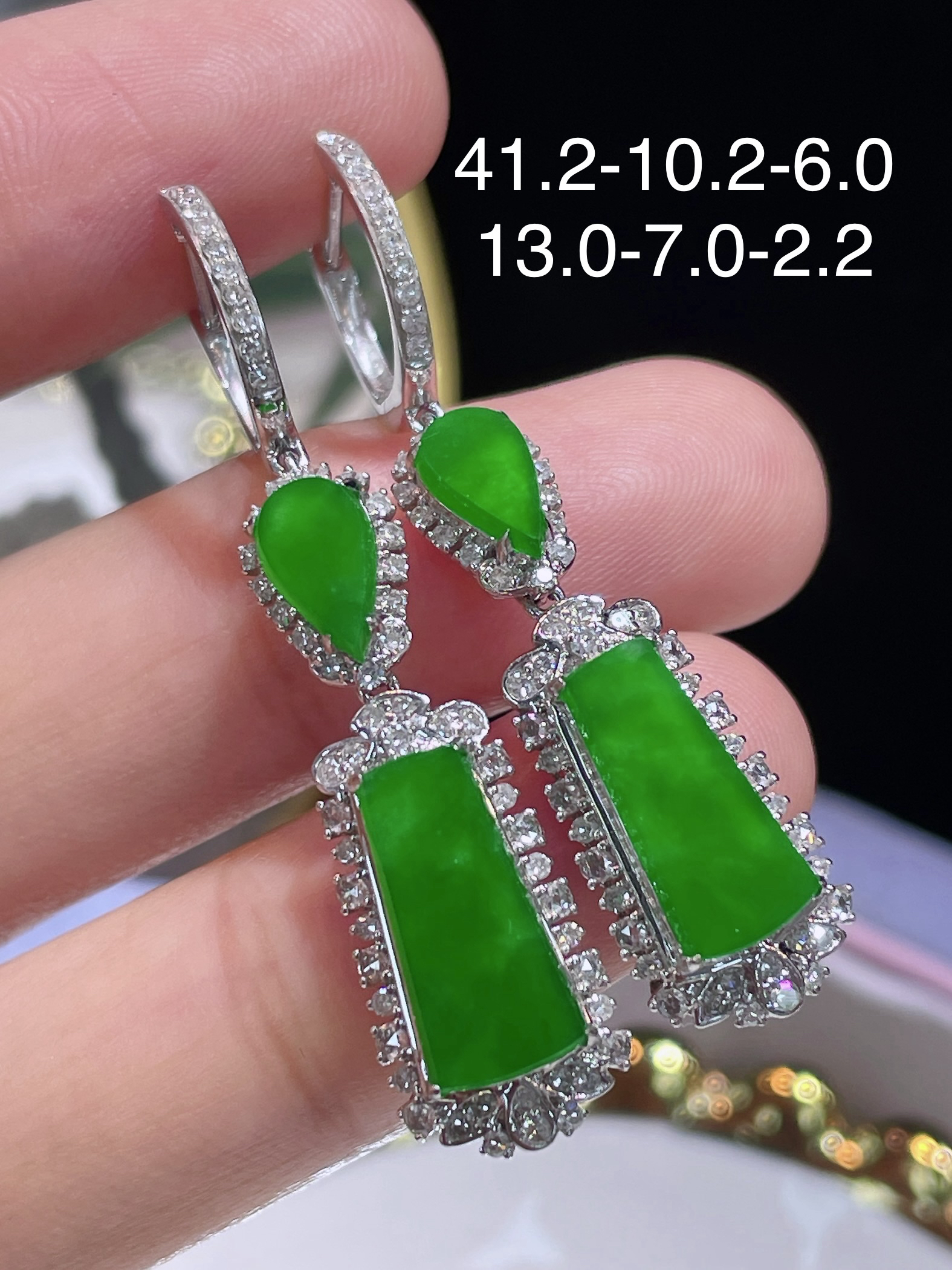 翠翠笙天然缅甸翡翠A货 满绿无事牌耳坠 18k金镶嵌钻石  细腻水灵