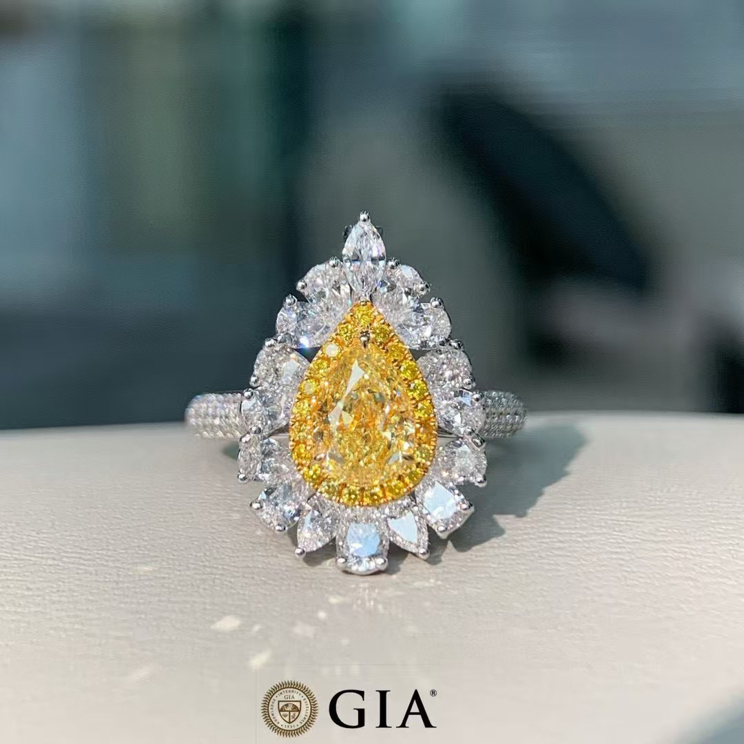 18k金天然黄钻水滴 GIA1.02ct中彩黄水滴黄钻戒指 戒指吊坠两用款