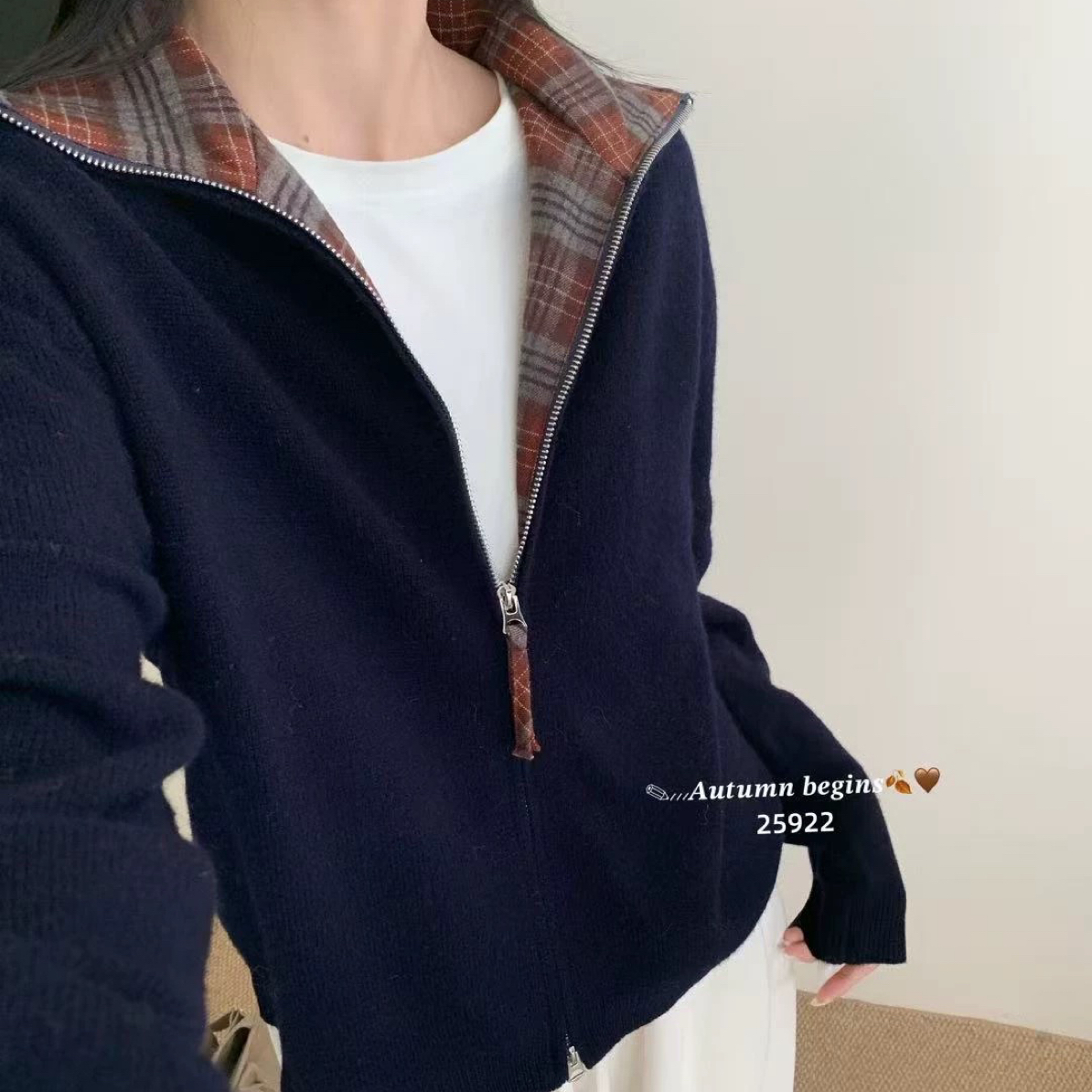 〔拼接衬衫立领开衫〕〔不可机洗〕欧站纯色立领拼接格子布双拉链开衫