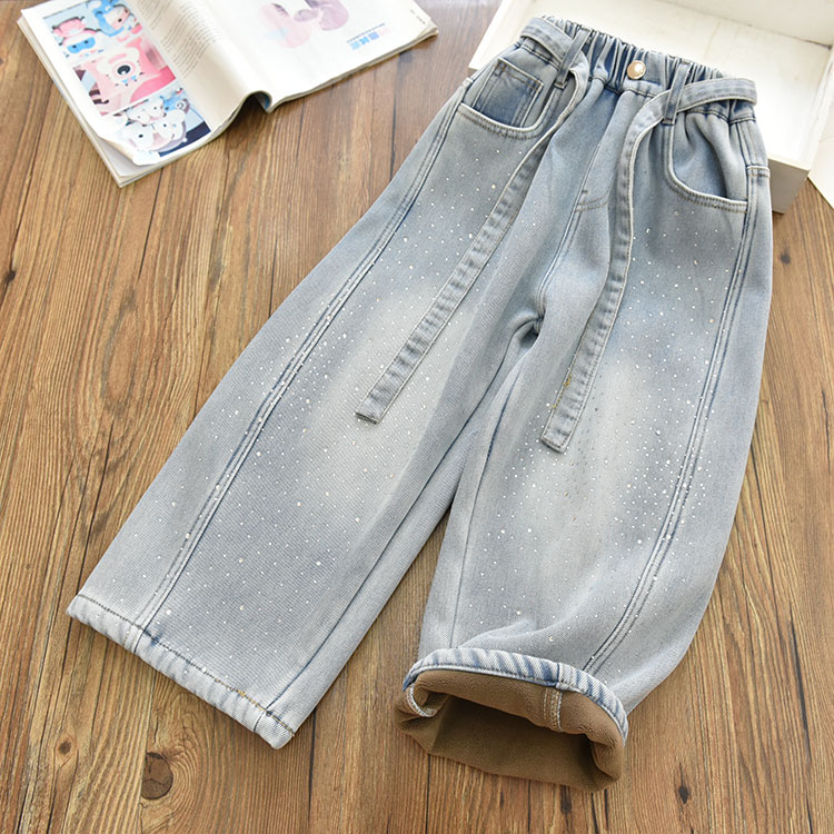 女童年款一体绒保暖烫钻牛仔香蕉裤 中大儿童宽松休闲阔腿长裤冬