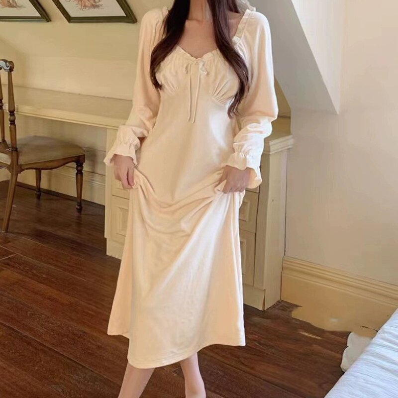 小印象秋冬长裙睡衣女双面海岛绒舒棉绒纯欲风带胸垫丝绒睡裙