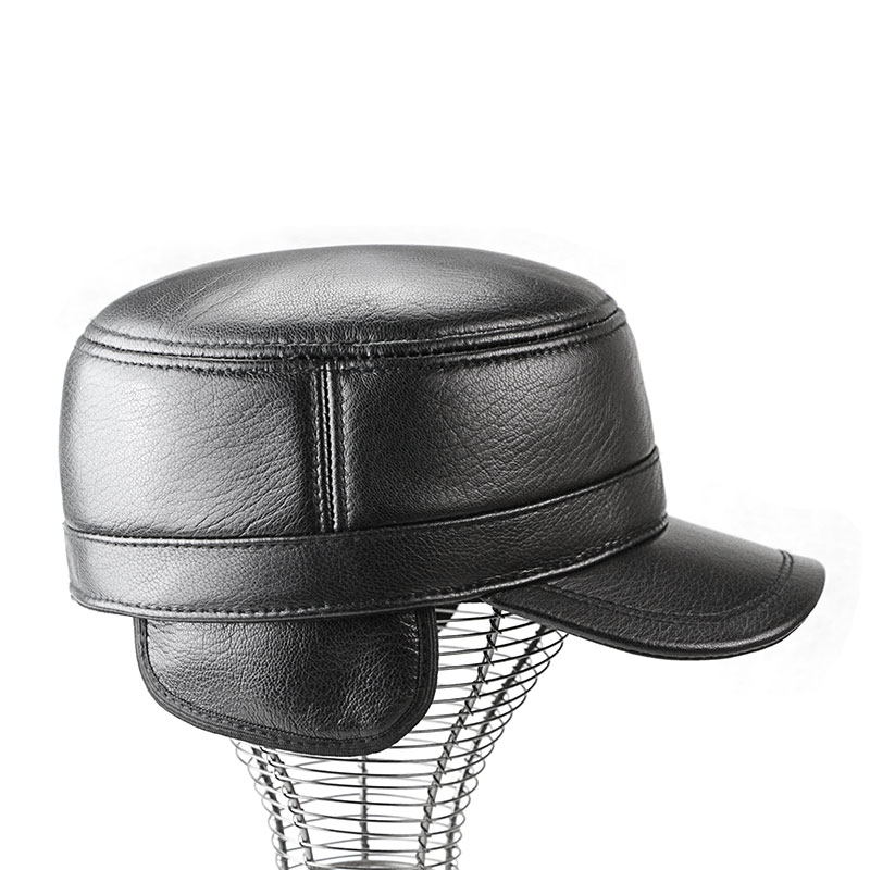 秋冬加厚加绒平顶真皮帽子男中老年保暖圆顶棒球帽护耳休闲时尚