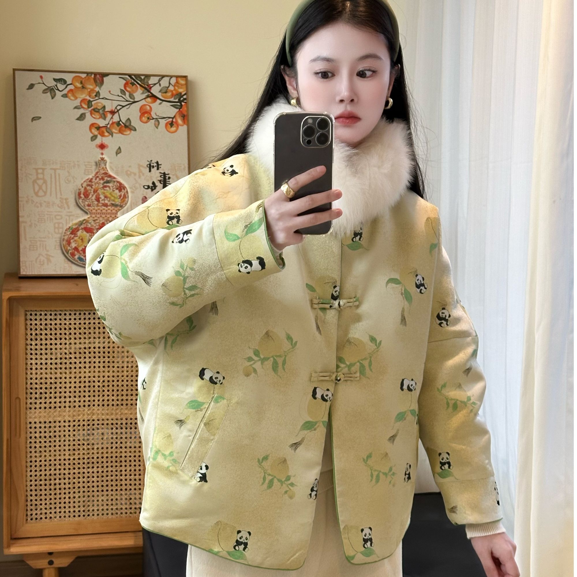 三马熊猫高定羽绒服桑蚕丝宋锦保暖加厚一件过冬显白新中式穿搭