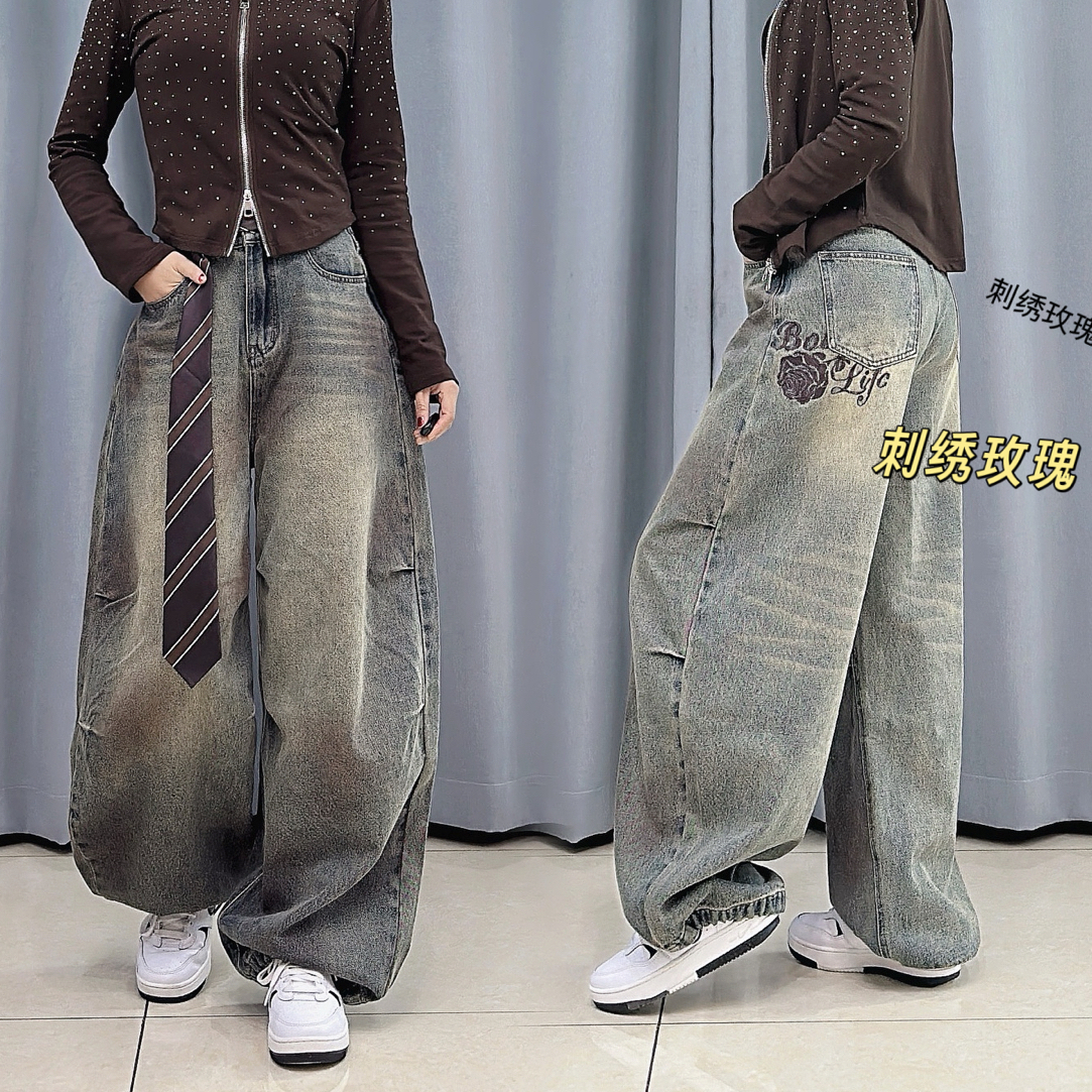 8080【达人专属】街舞潮牌复古辣妹牛仔长裤街头设计感潮酷帅长裤