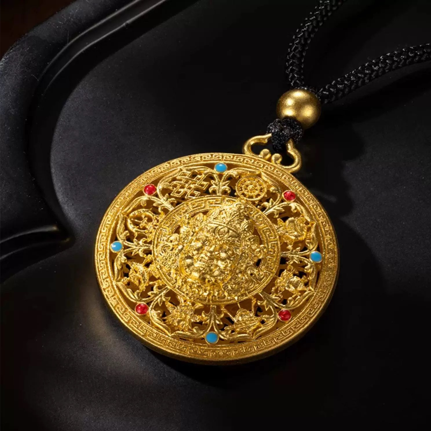 铜合金布艺项链 精工版黄财神吊坠 八宝罗盘彩色财神项链高保色