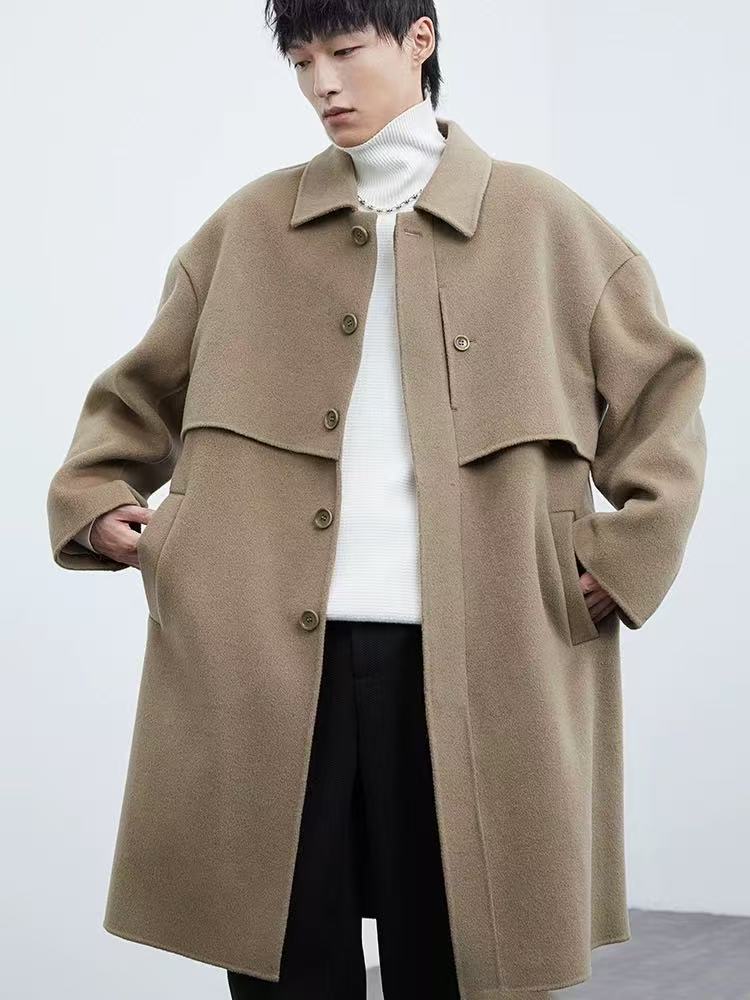 翻领毛呢大衣全拼色男大衣外套时尚冬季毛呢