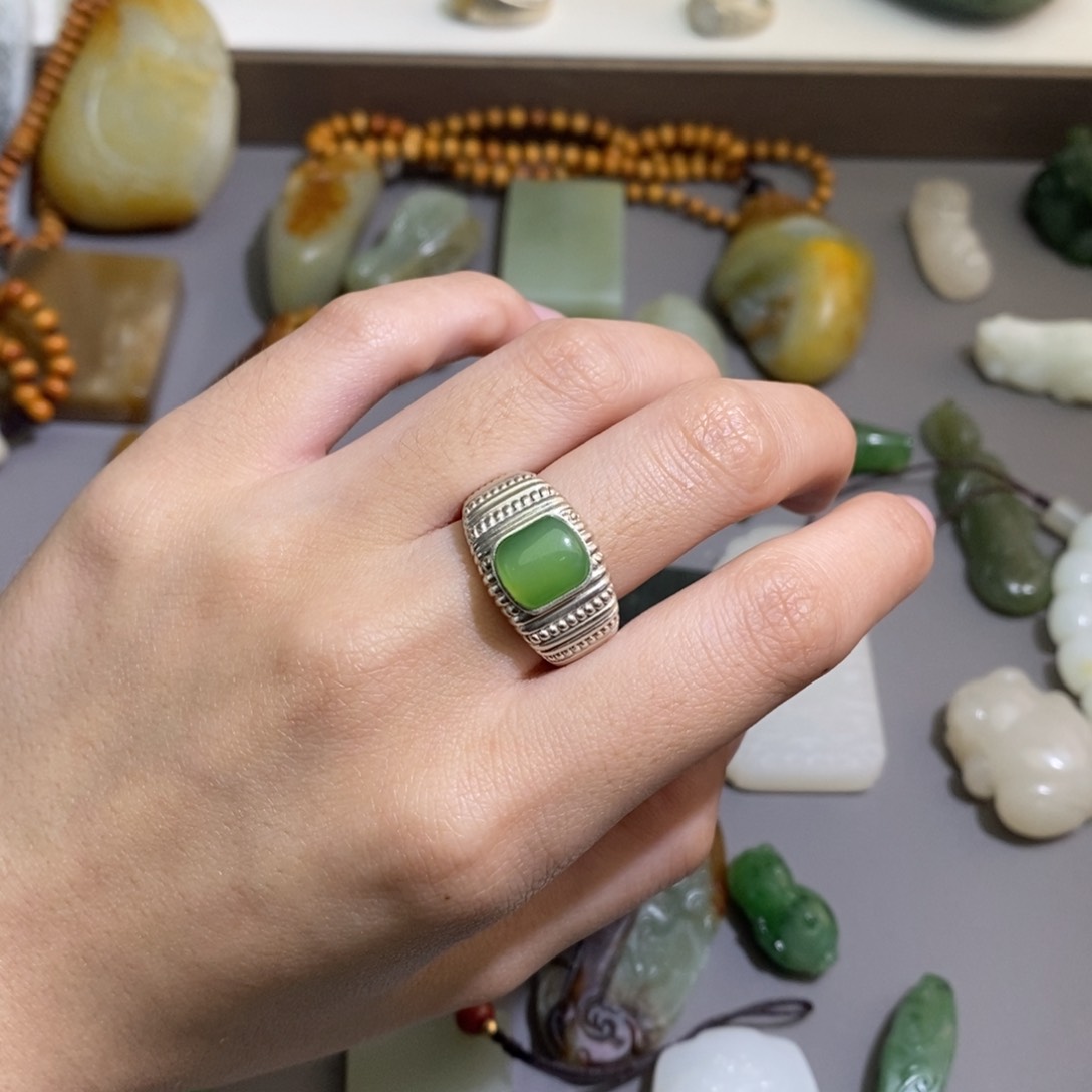 和田玉银S925镶嵌戒指十*